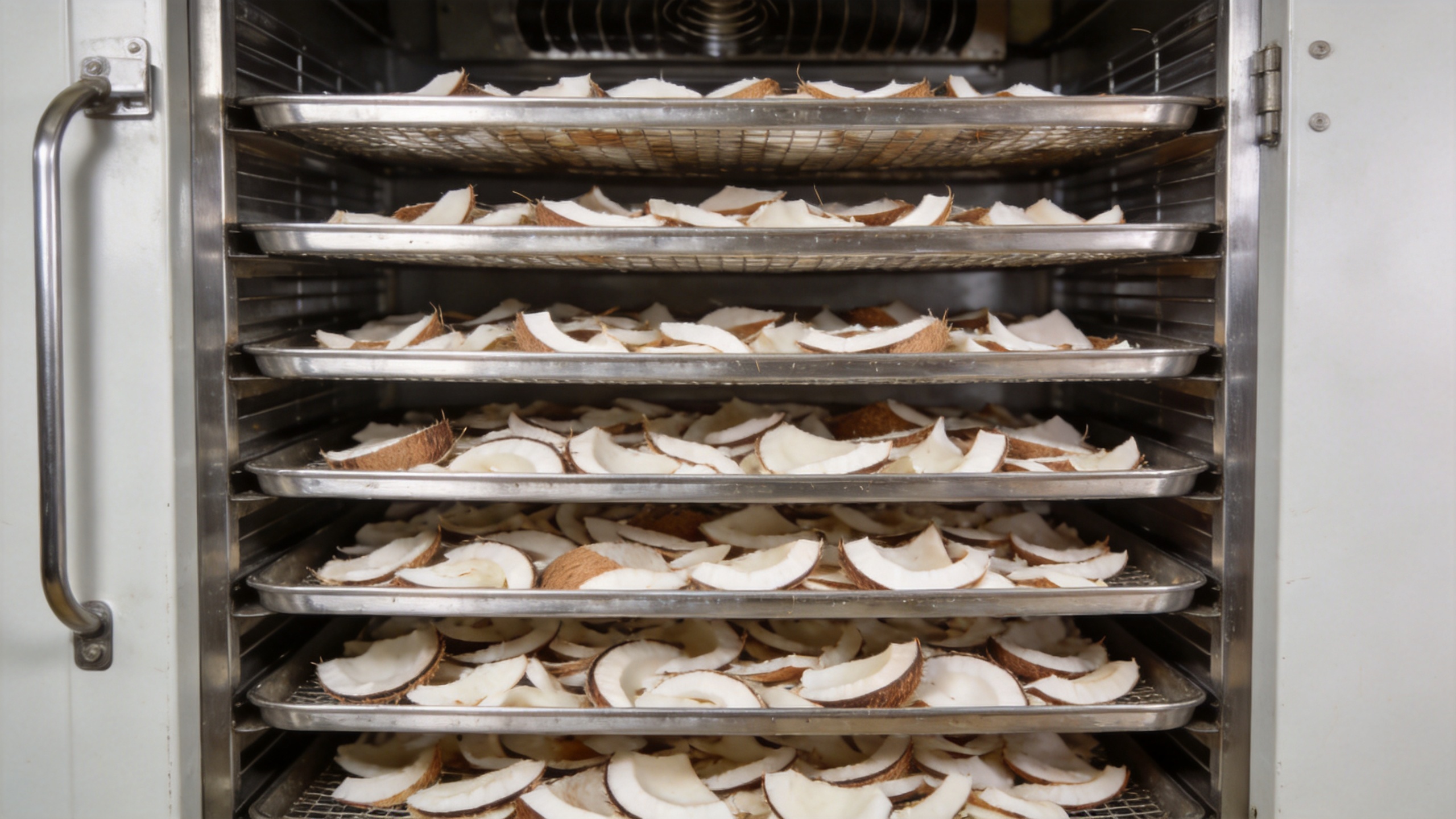 Coconut dryer machine with balanced airflow across coconut trays