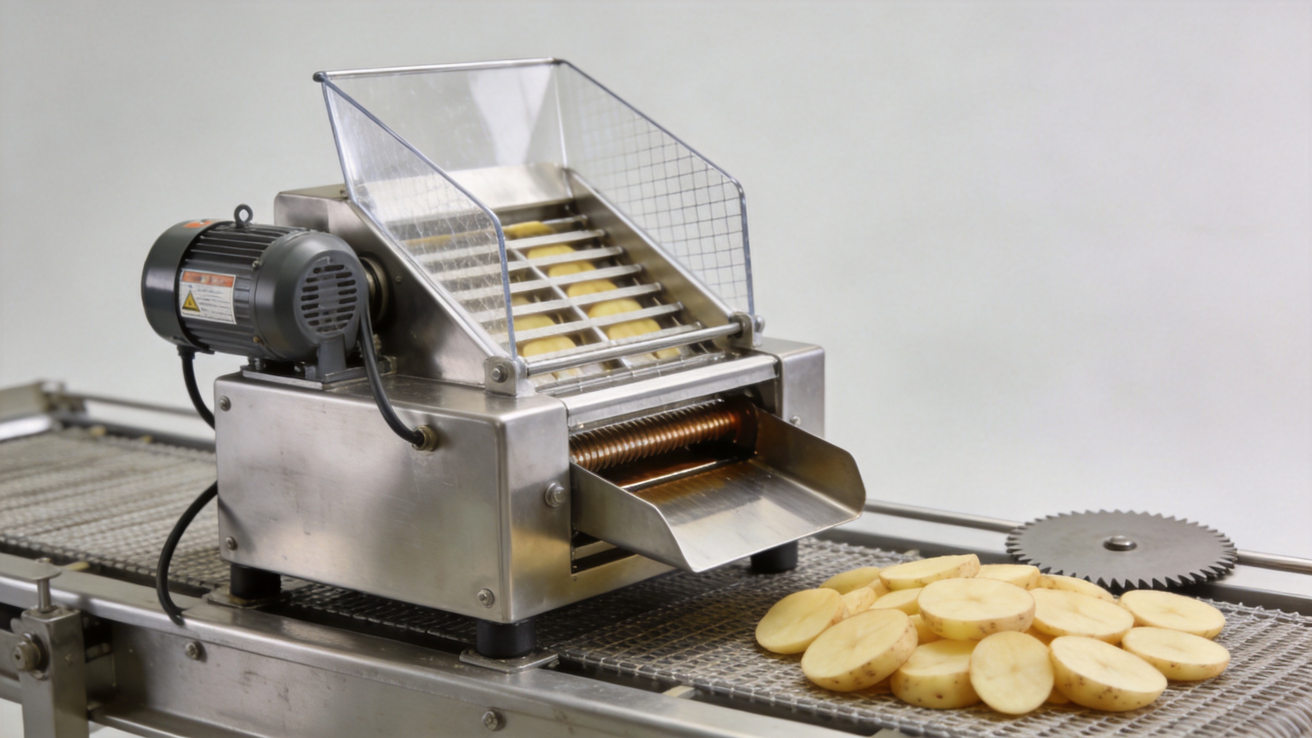Commercial potato slicer machine producing uniform potato rounds