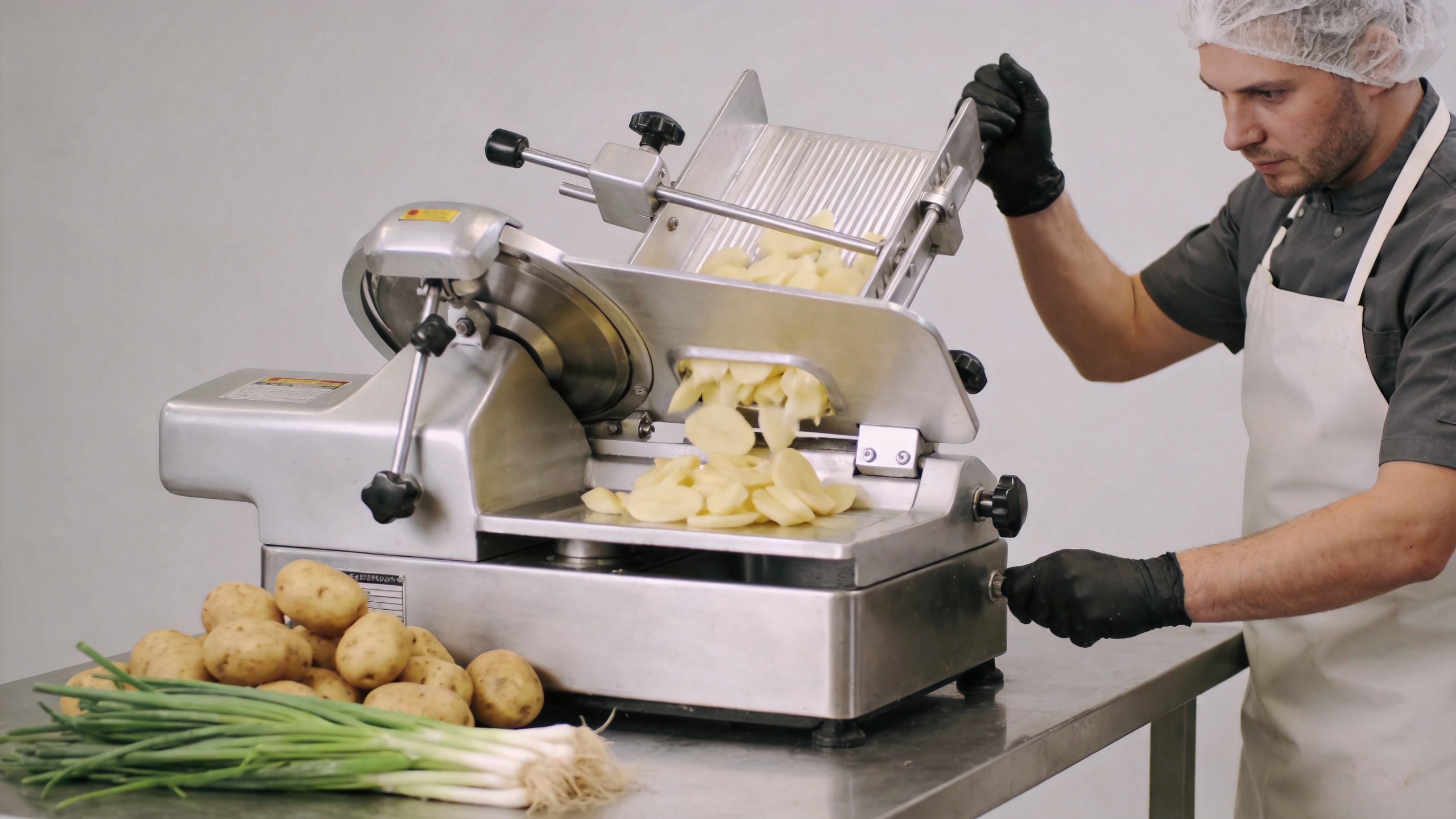 Commercial cutting vegetable machine in a food-processing workspace