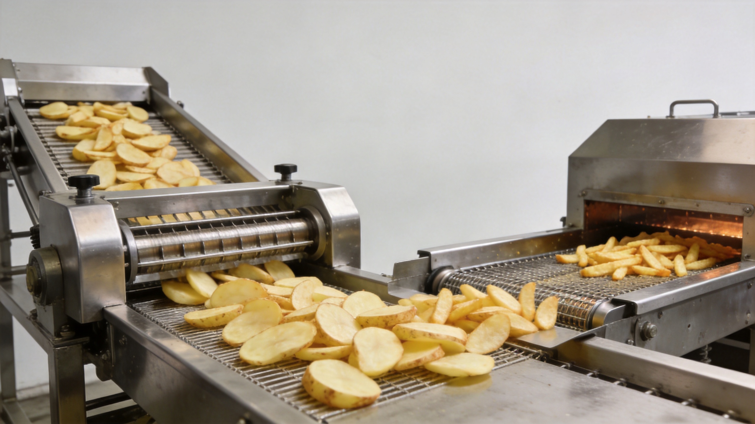 Commercial potato chip slicer configured for a snack production line