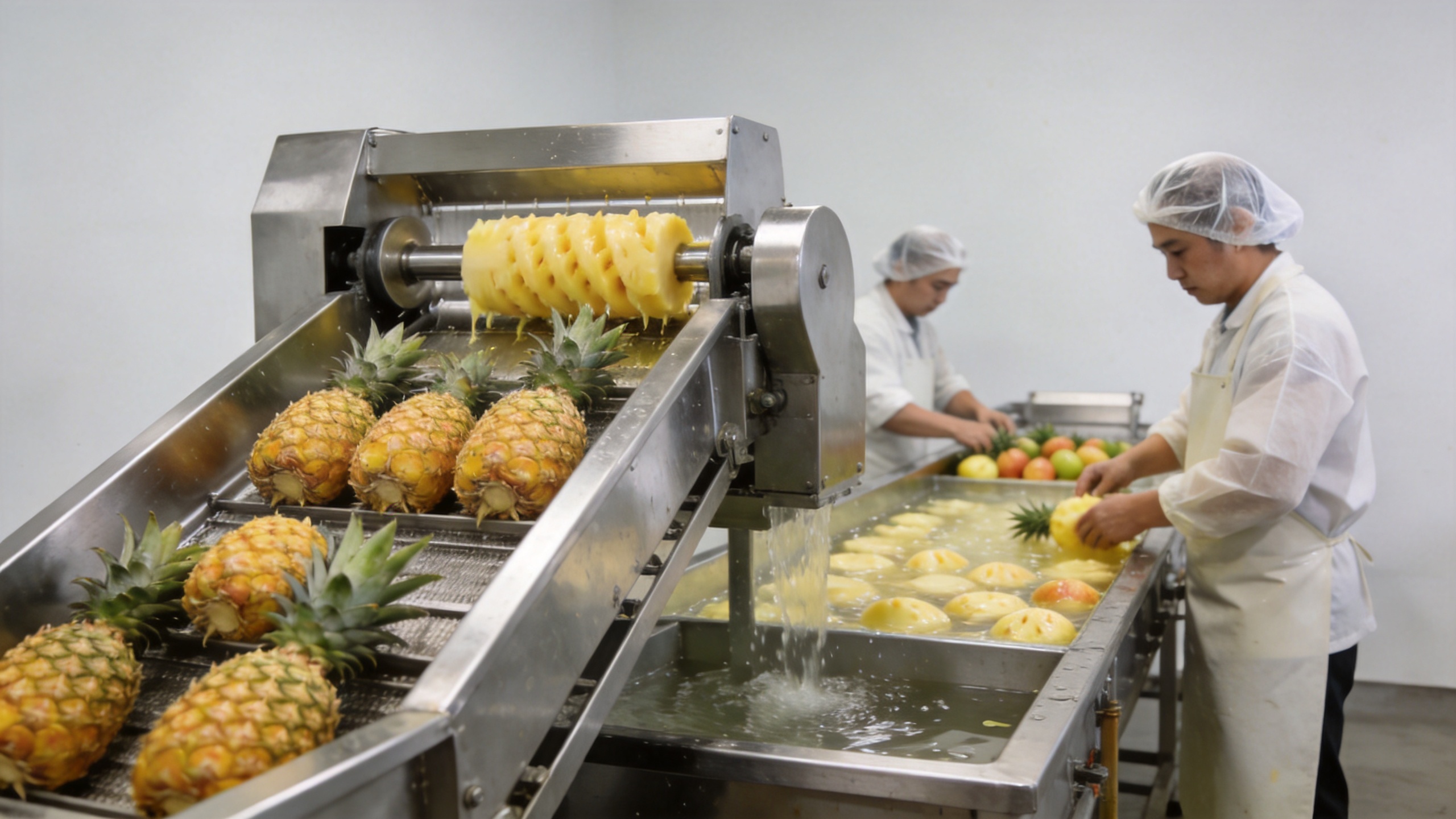 Pineapple peeler machine in a commercial fruit processing line