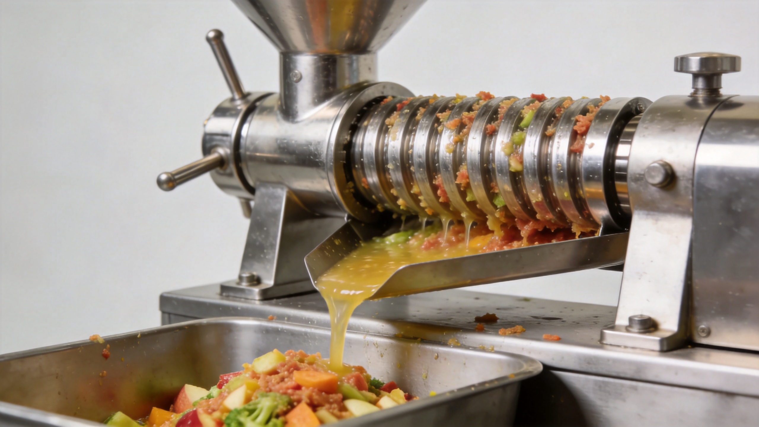Industrial cold pressed juicer screw press separating juice from fruit and vegetable pulp