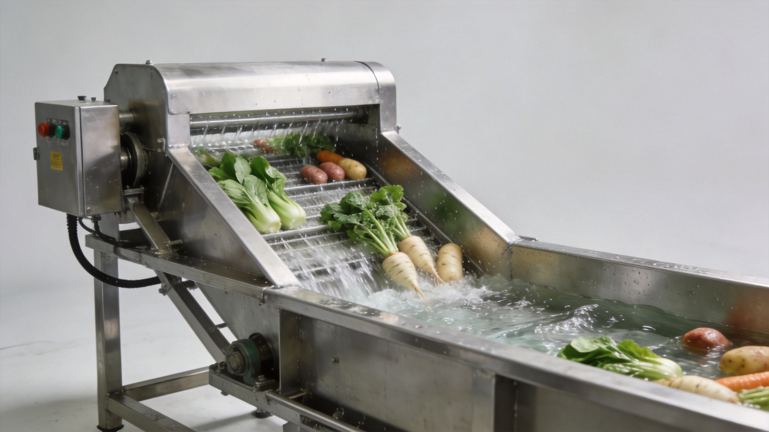 Industrial fruit washer machine handling leafy vegetables and root vegetables
