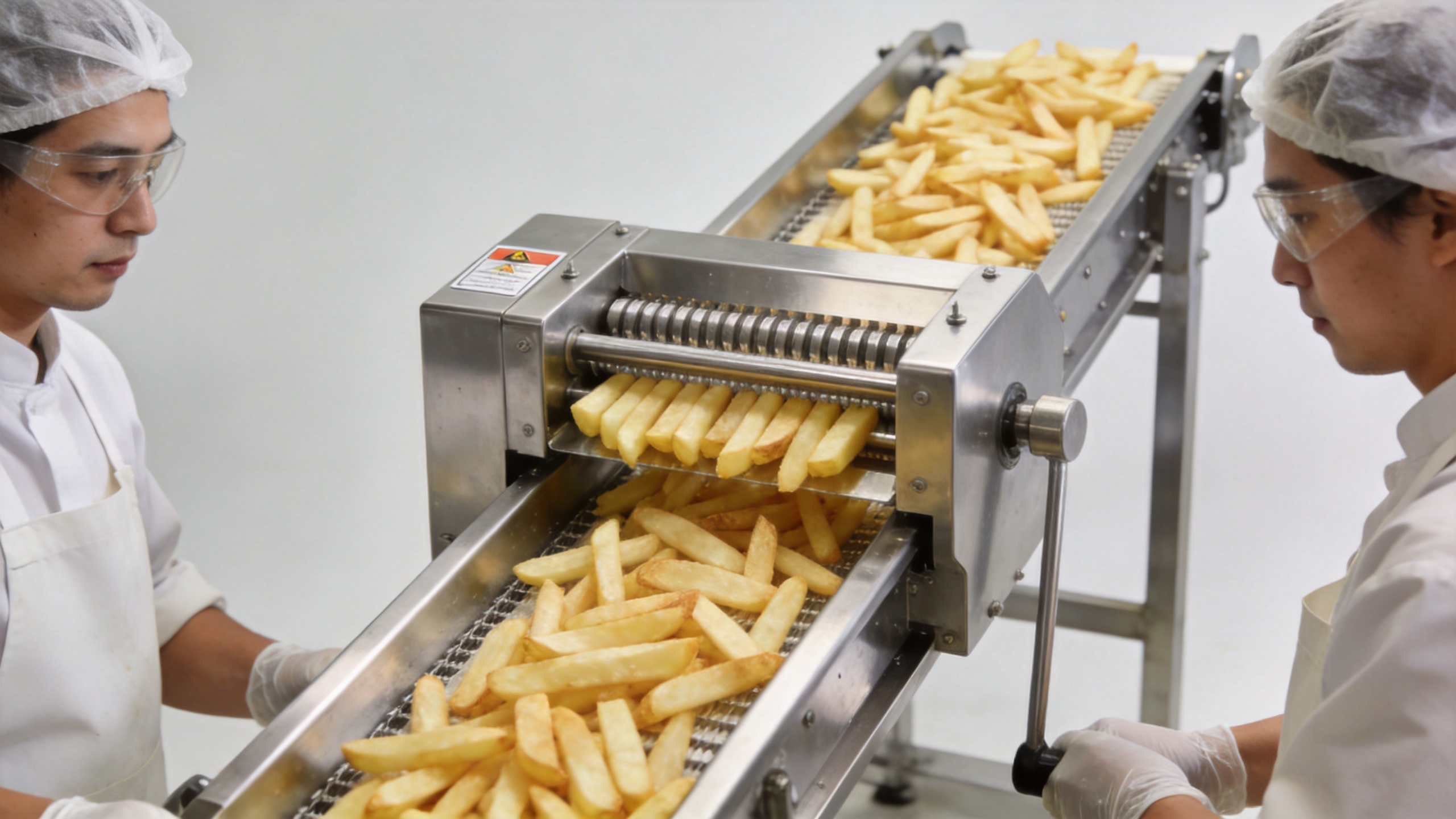 Potato cutter integrated with a commercial French fry processing line