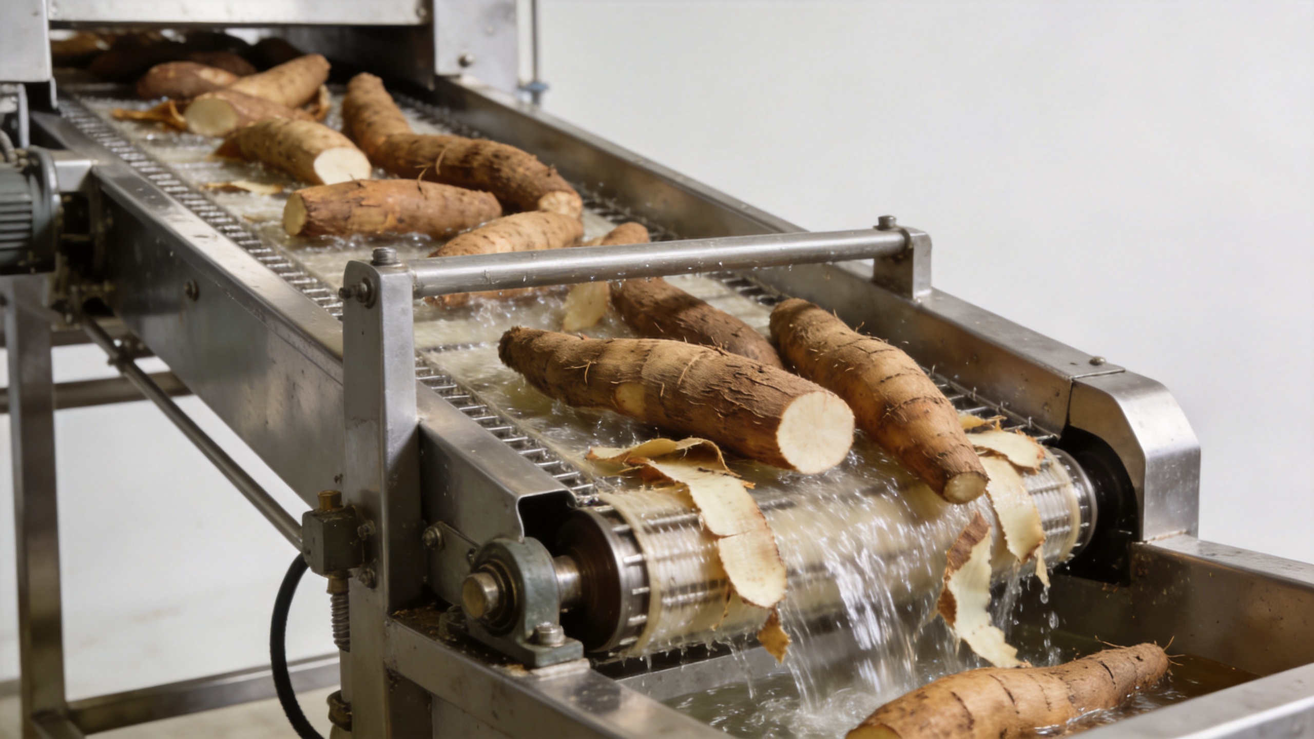 Cassava peeling machine in a commercial root crop processing line