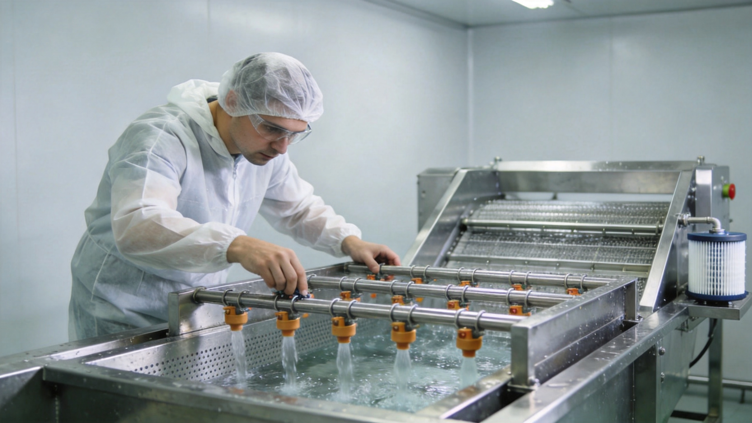 Operator inspecting a vegetable cleaner machine in a food-processing facility