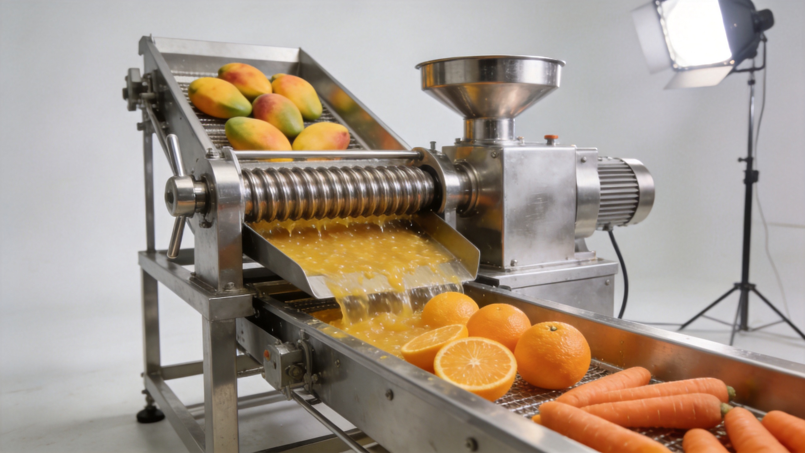 Industrial juicer machine and fruit pulper processing mango citrus and vegetables