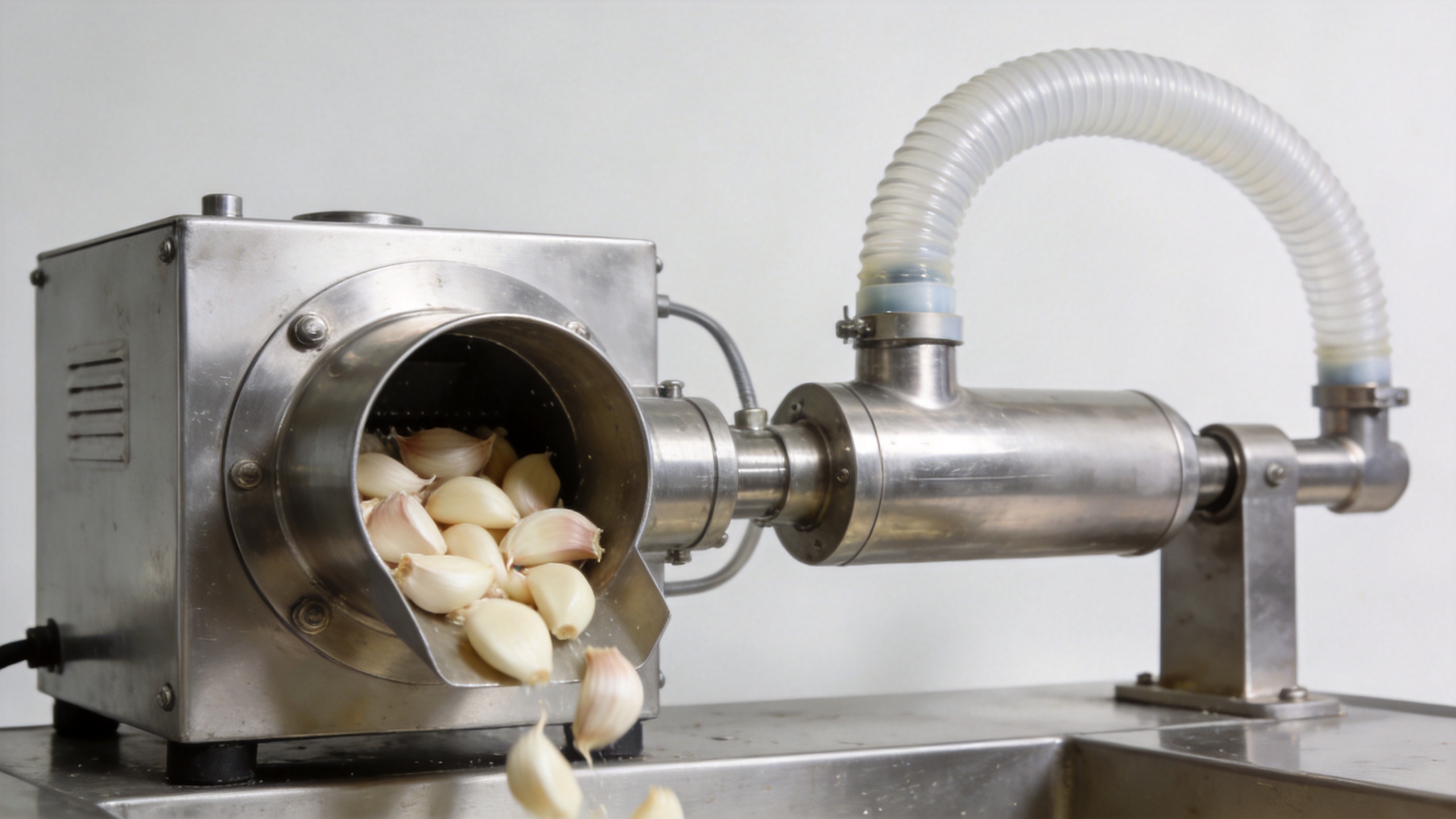 Automatic garlic peeler machine in a commercial food-processing setting