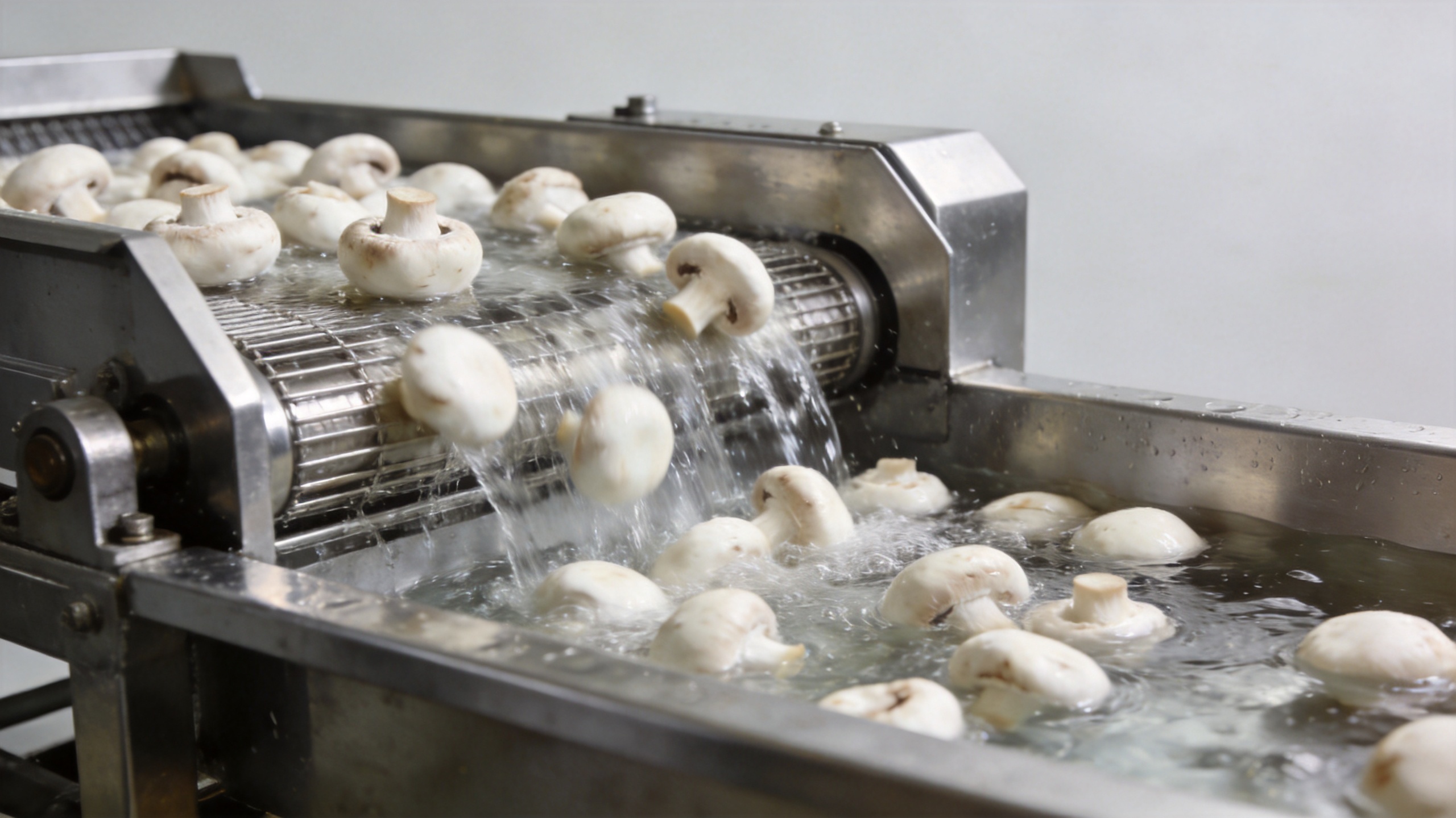 Commercial vegetable washing machine gently washing whole mushrooms