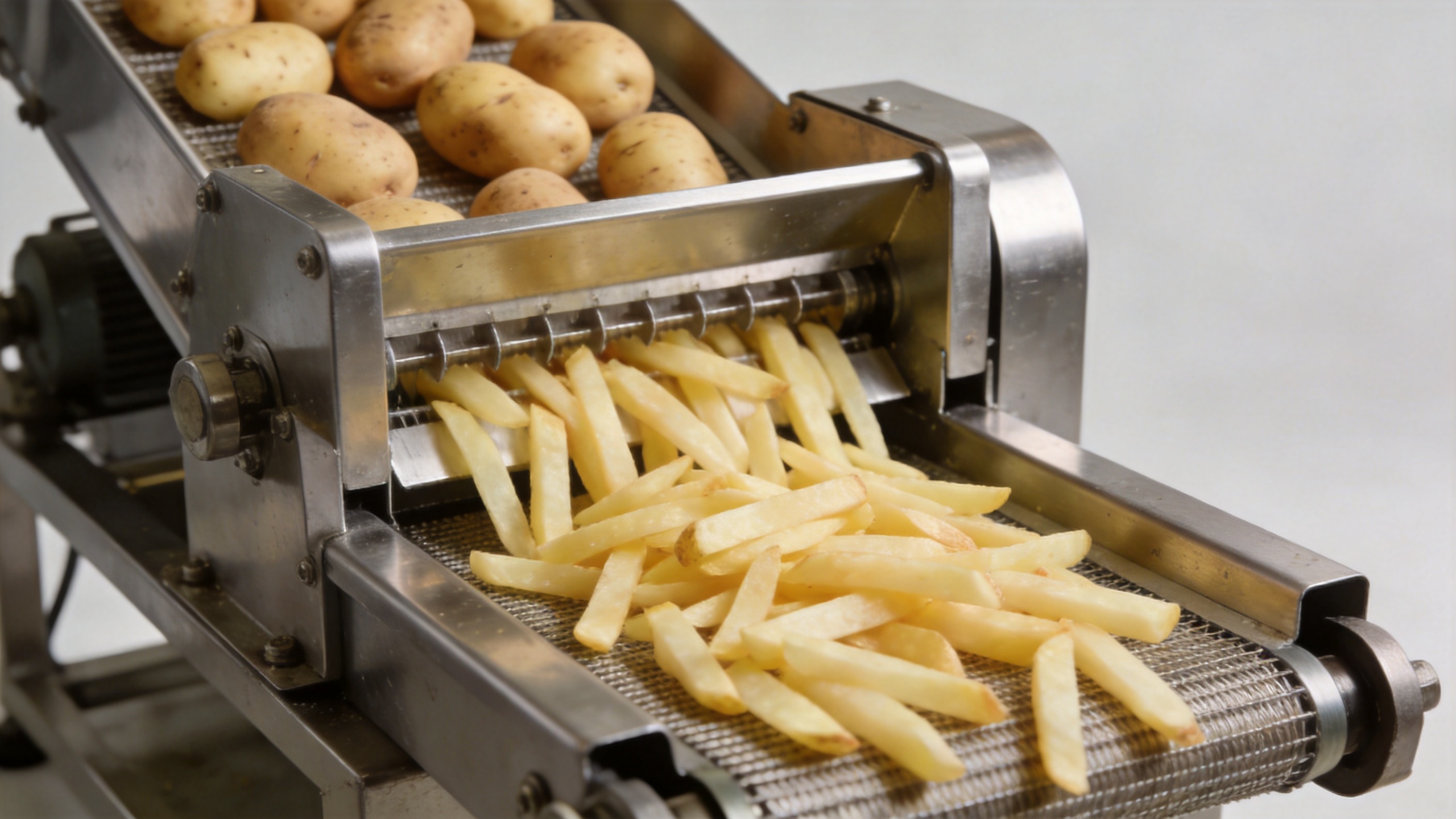Commercial potato cutter processing potatoes on a food production line