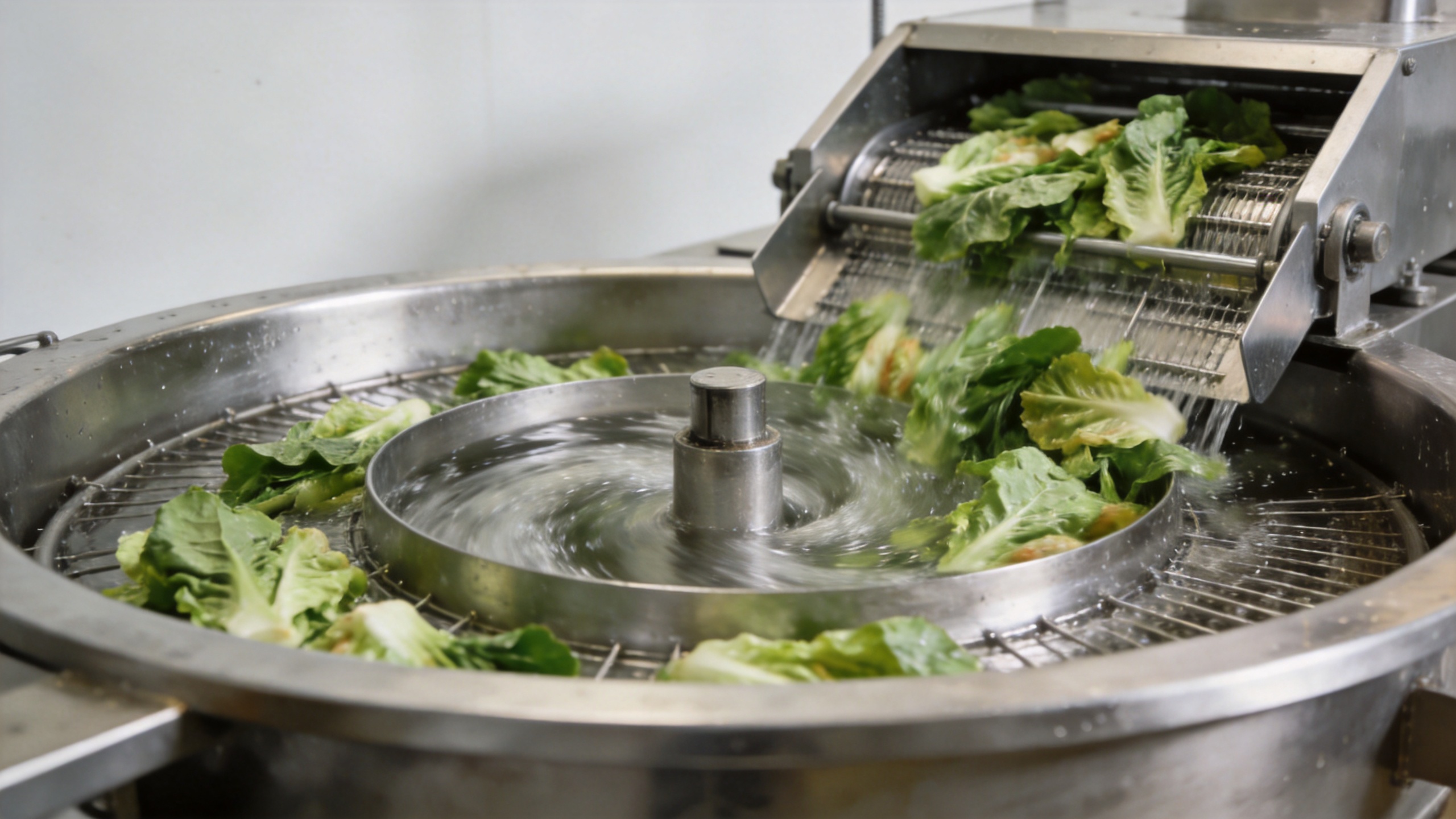 Commercial vegetable washing machine processing leafy vegetables