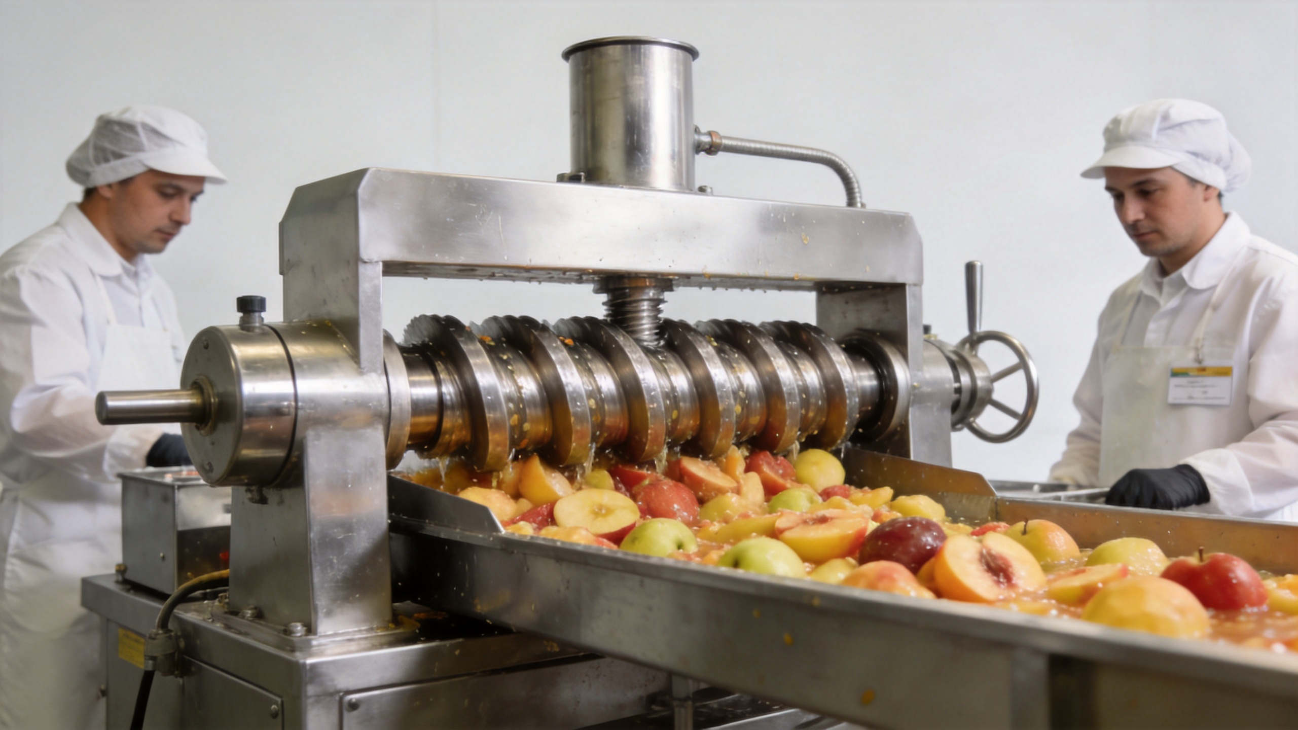 Industrial juice extractor machine in a hygienic fruit processing line