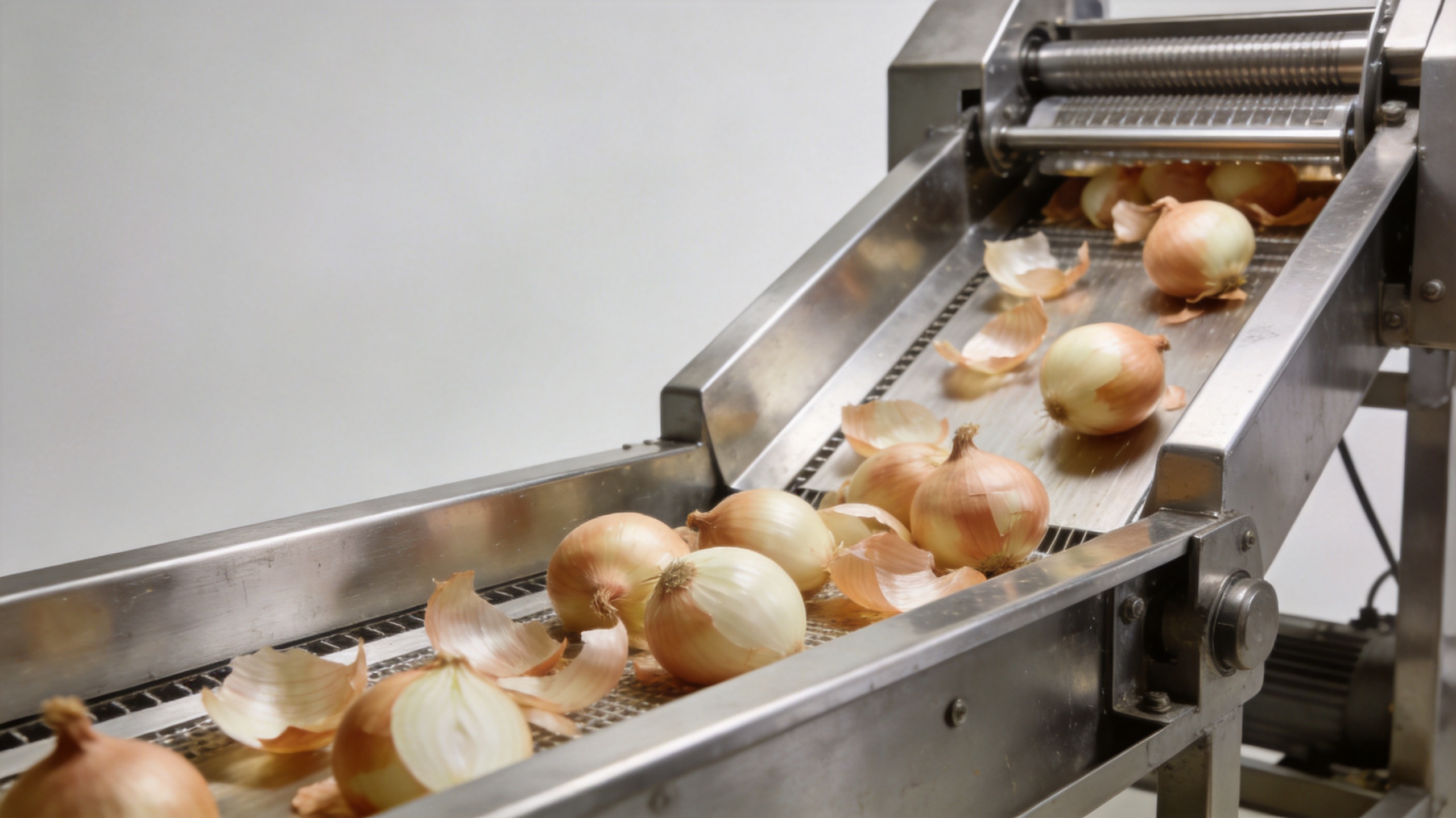 Commercial onion cutting machine receiving whole onions on a processing line
