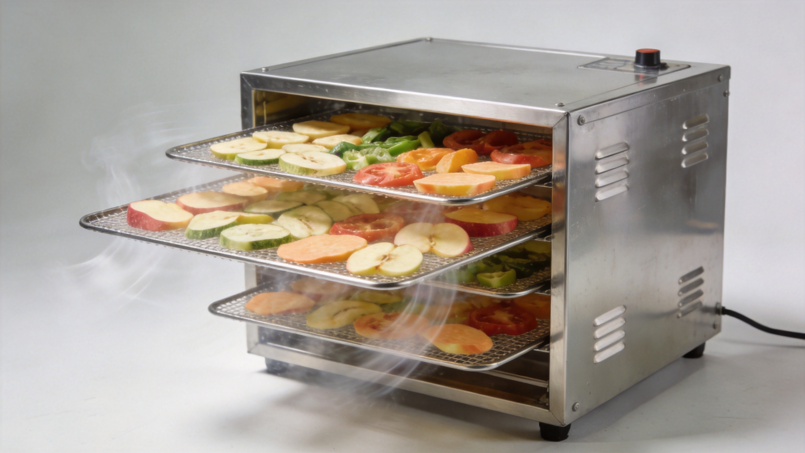 Fruit and vegetable dryer with tray-based airflow for consistent moisture control