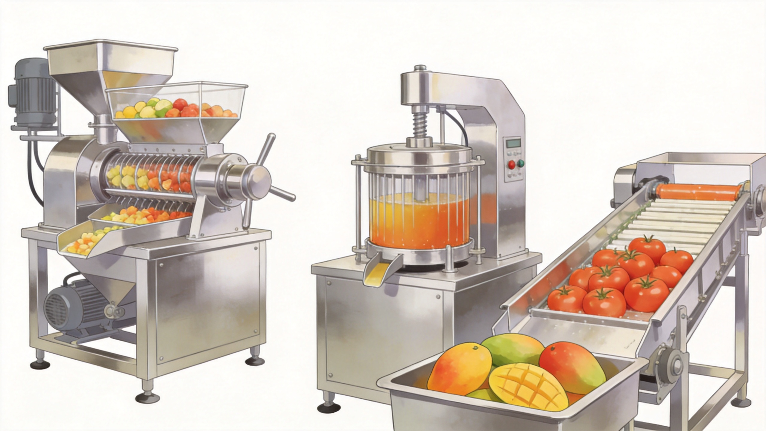 Fruit pulper and juice press equipment for industrial extraction route selection