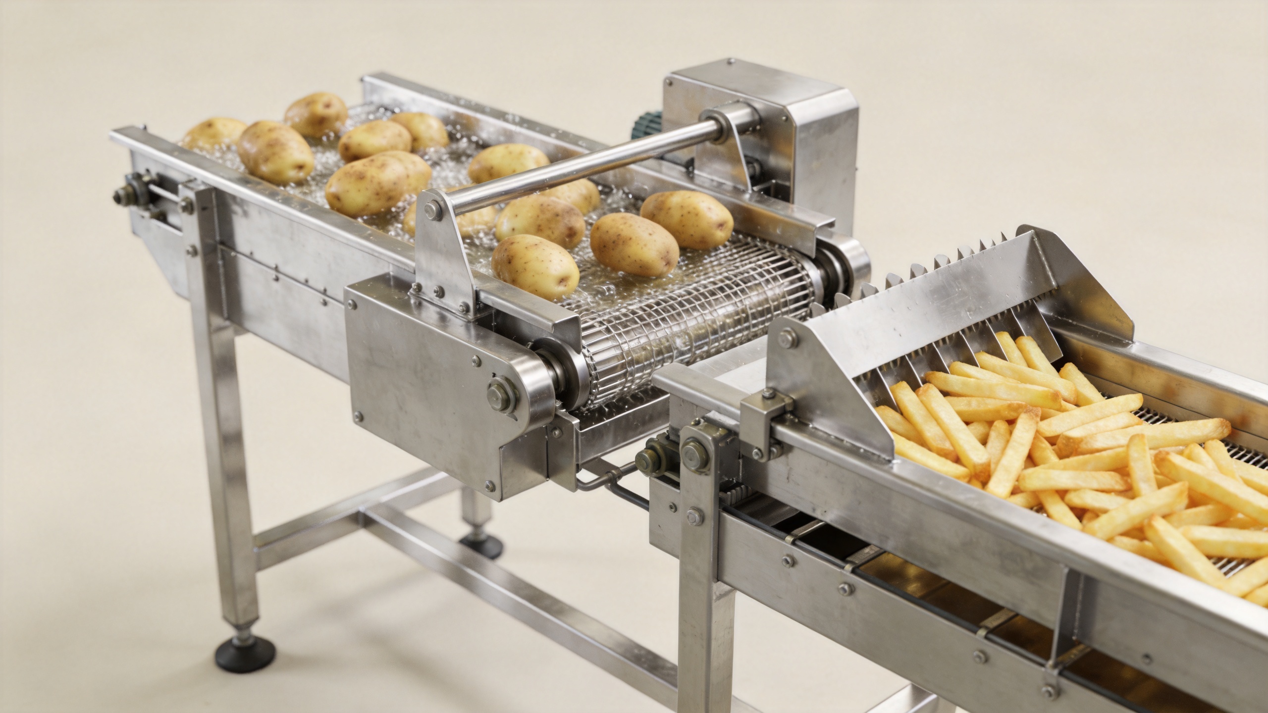 Commercial potato cutter and potato washing line for French fries