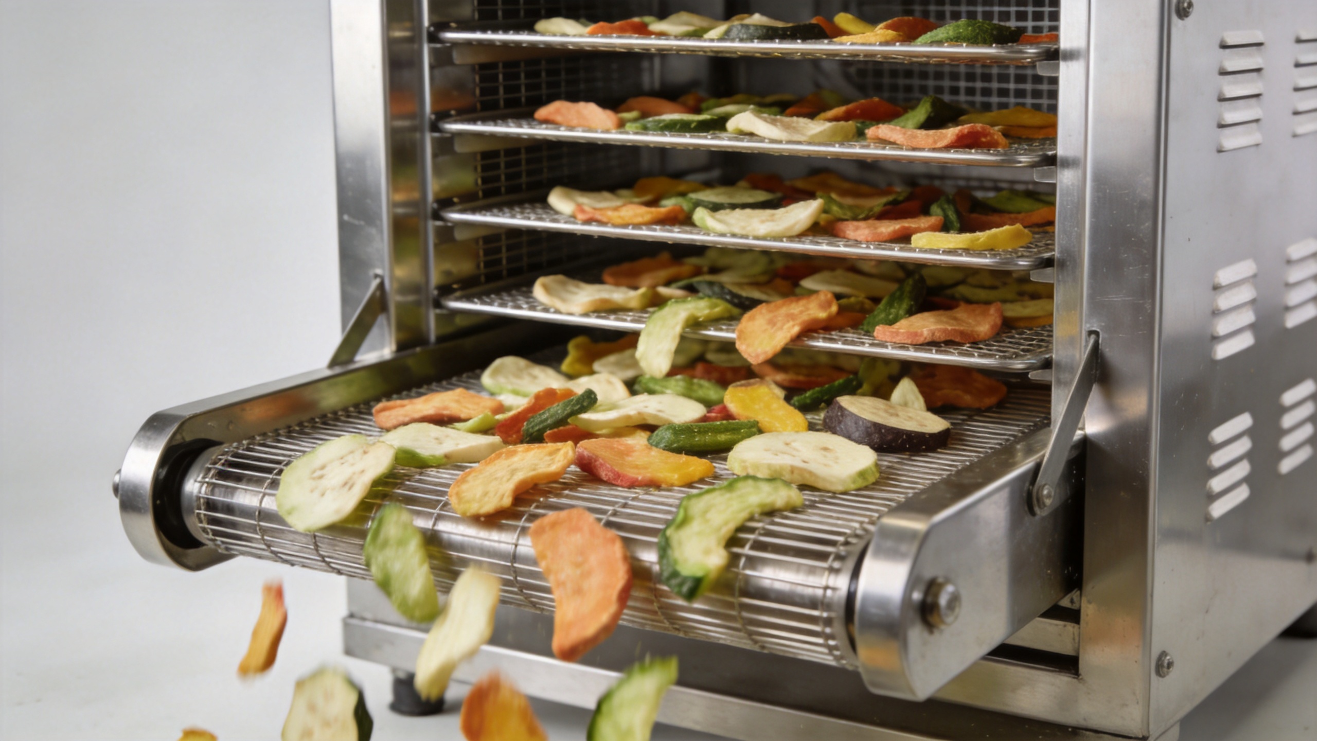 Vegetable dryer processing sliced vegetables on stainless-steel trays