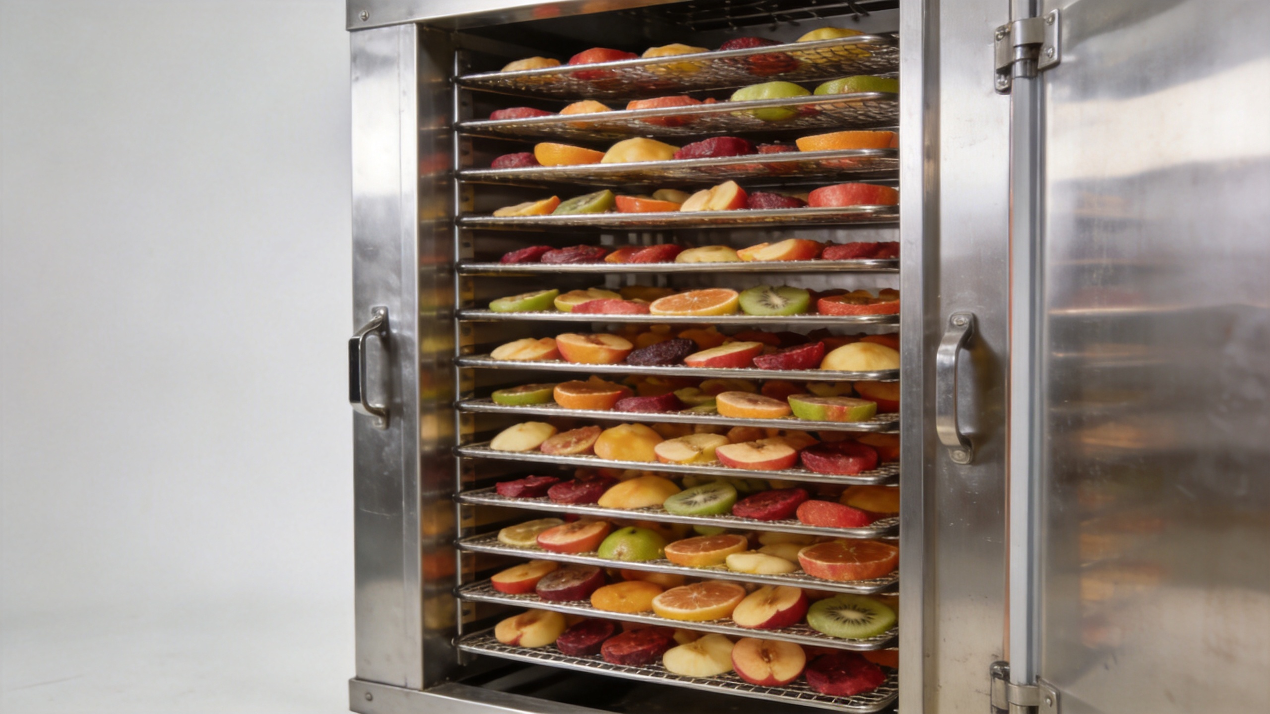 Commercial dryer for fruits with trays in a hygienic processing setting