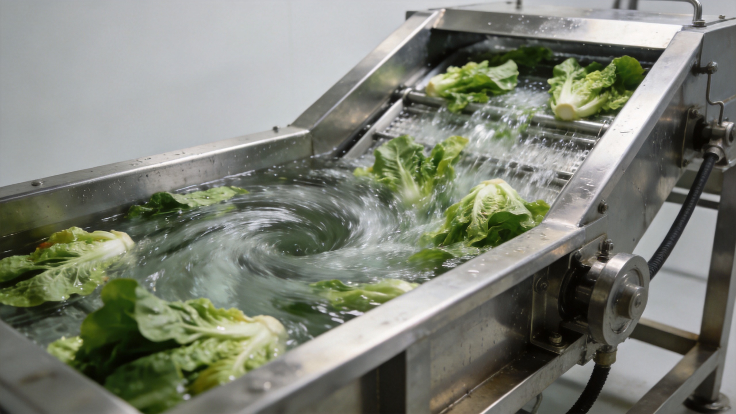 Commercial vegetable washer in a food processing line