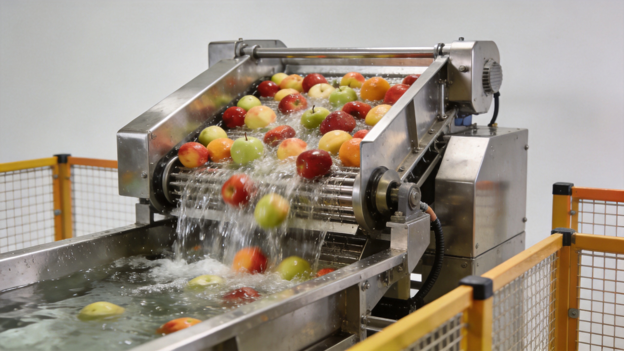 Industrial fruit washer processing apples and citrus on a stainless steel washing line
