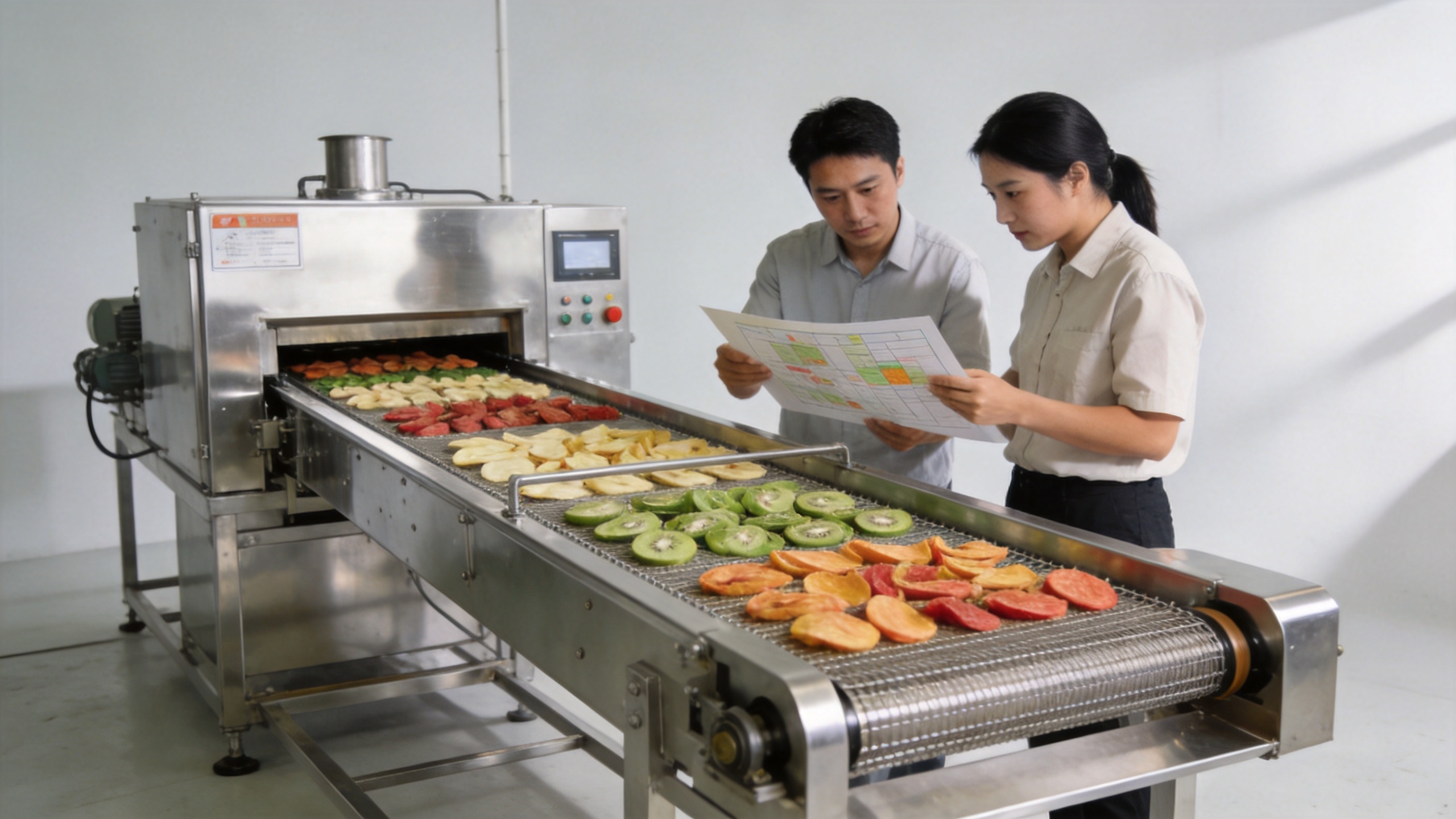 Industrial fruit and vegetable dryer machine in a food-processing facility