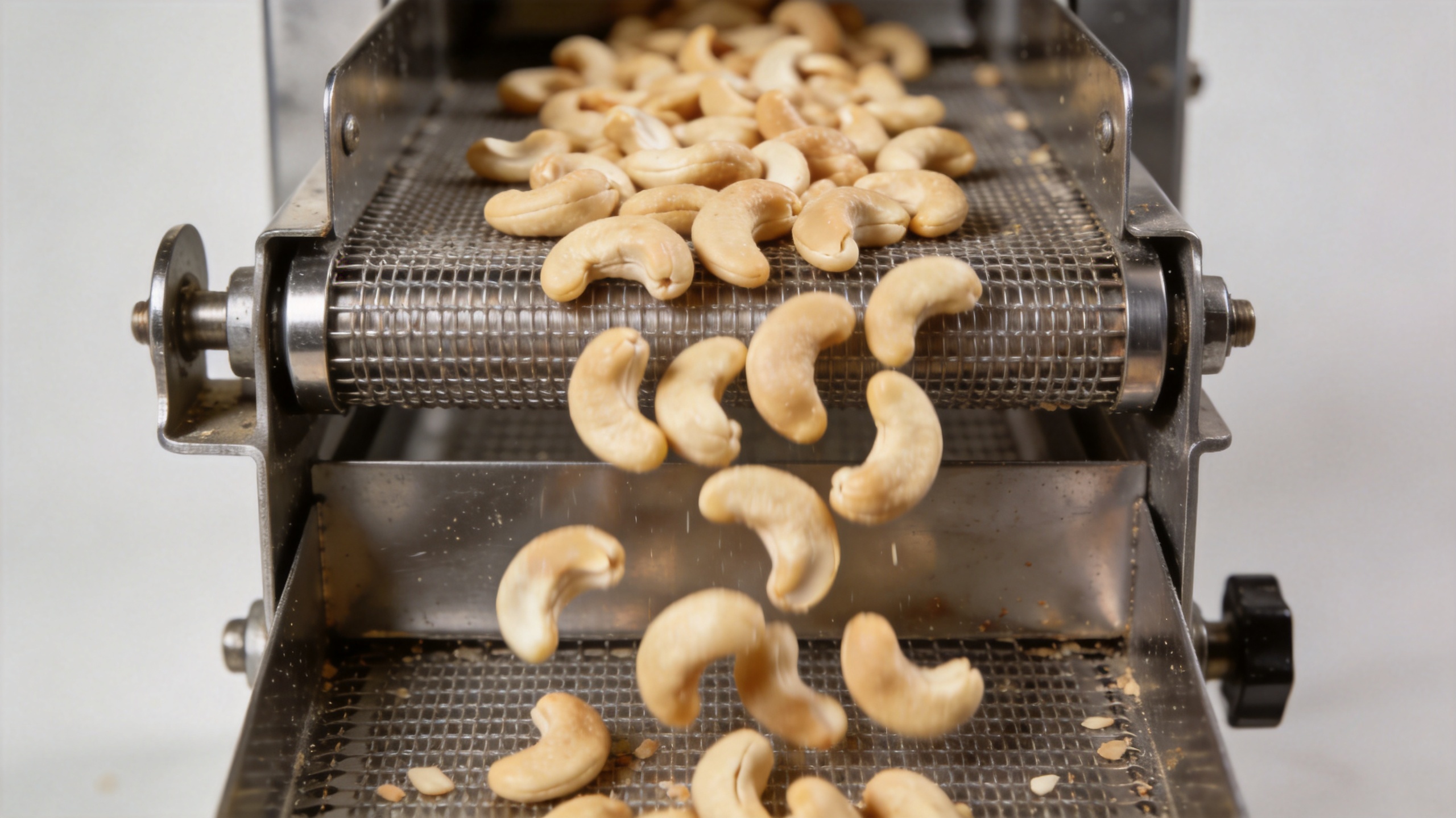 Cashew nut peeling and air separation in an automated processing line