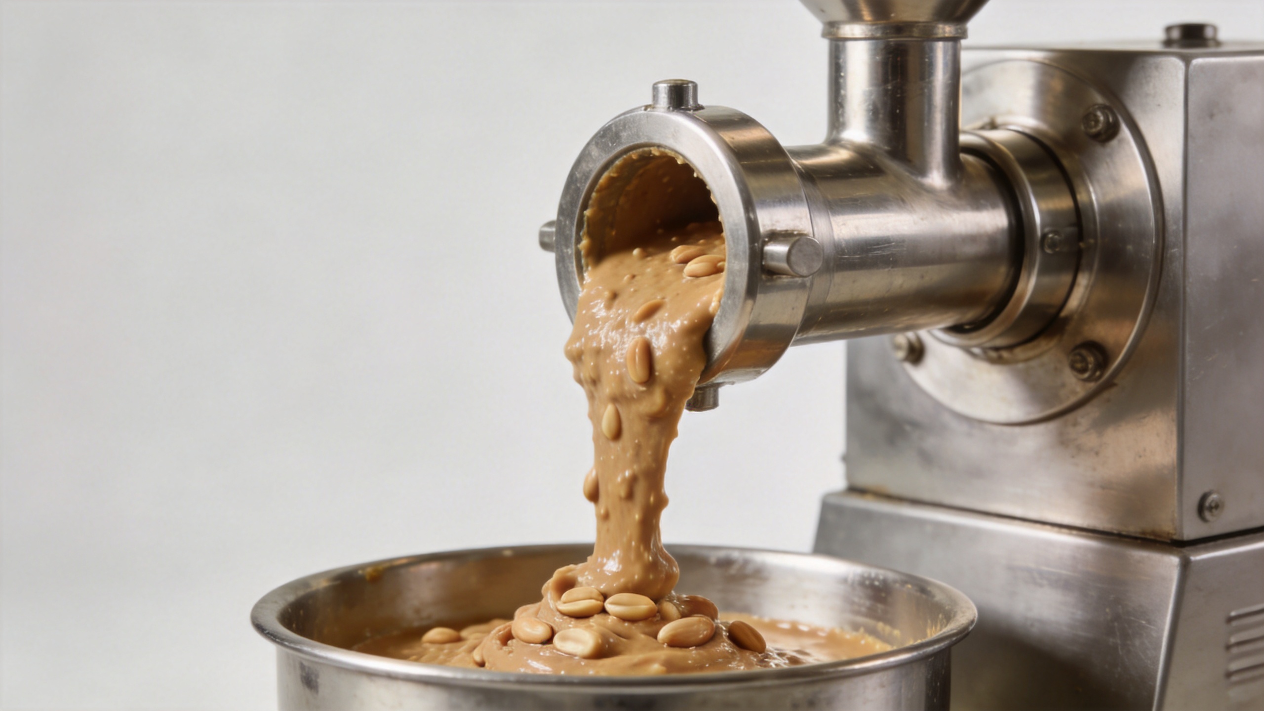 Nut butter grinder machine with a sanitary stainless steel grinding and discharge system
