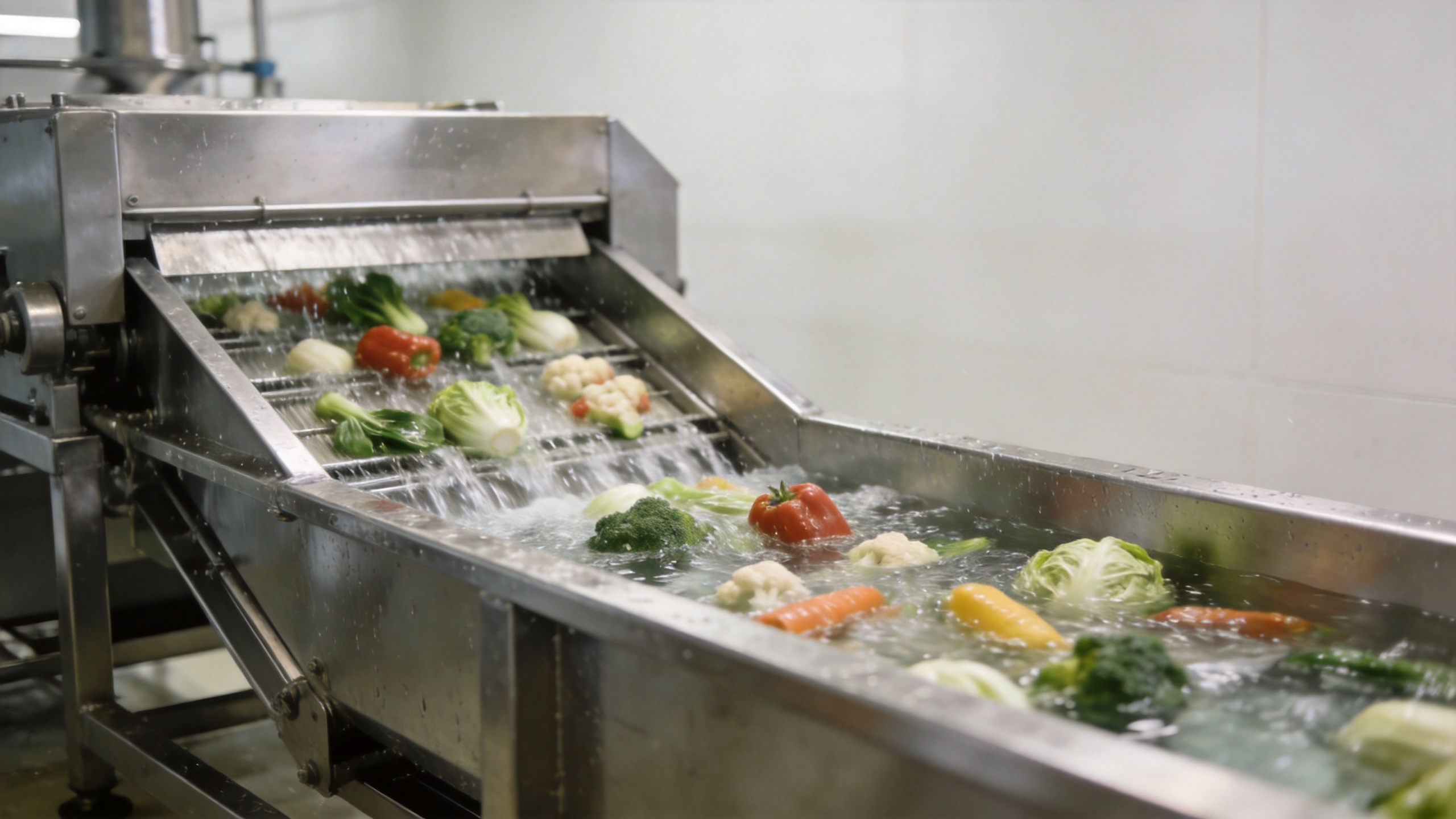 Fruit and vegetable sanitizer system in a commercial produce washing line