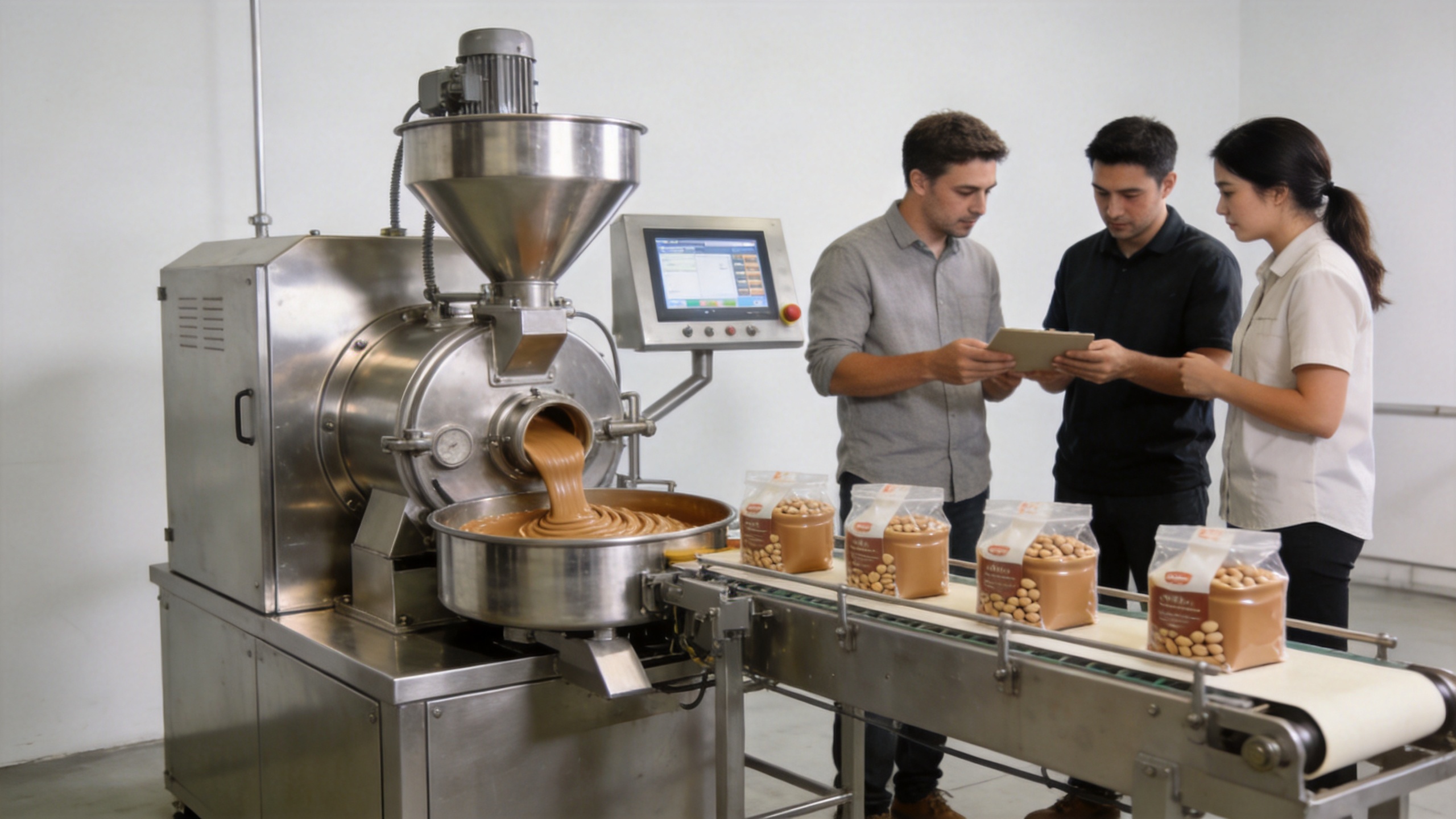 Commercial peanut butter machine in a food factory production setting