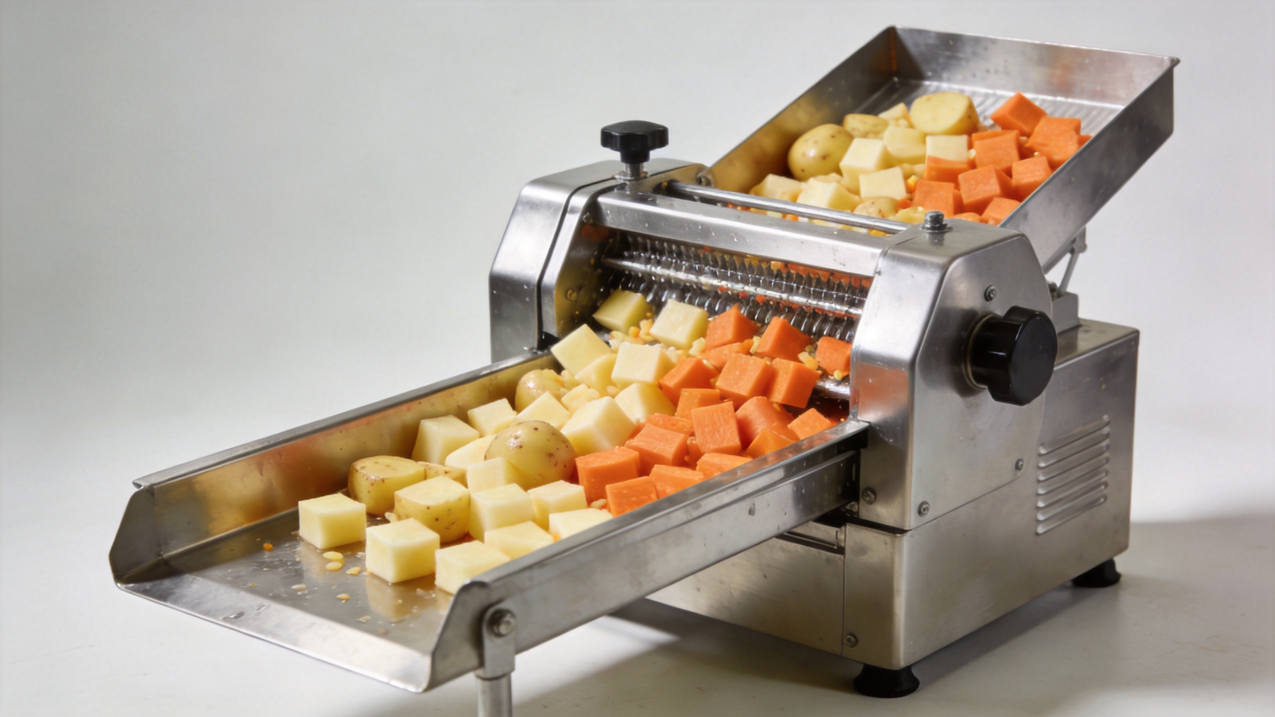 Commercial vegetable chopper dicer producing uniform diced vegetables