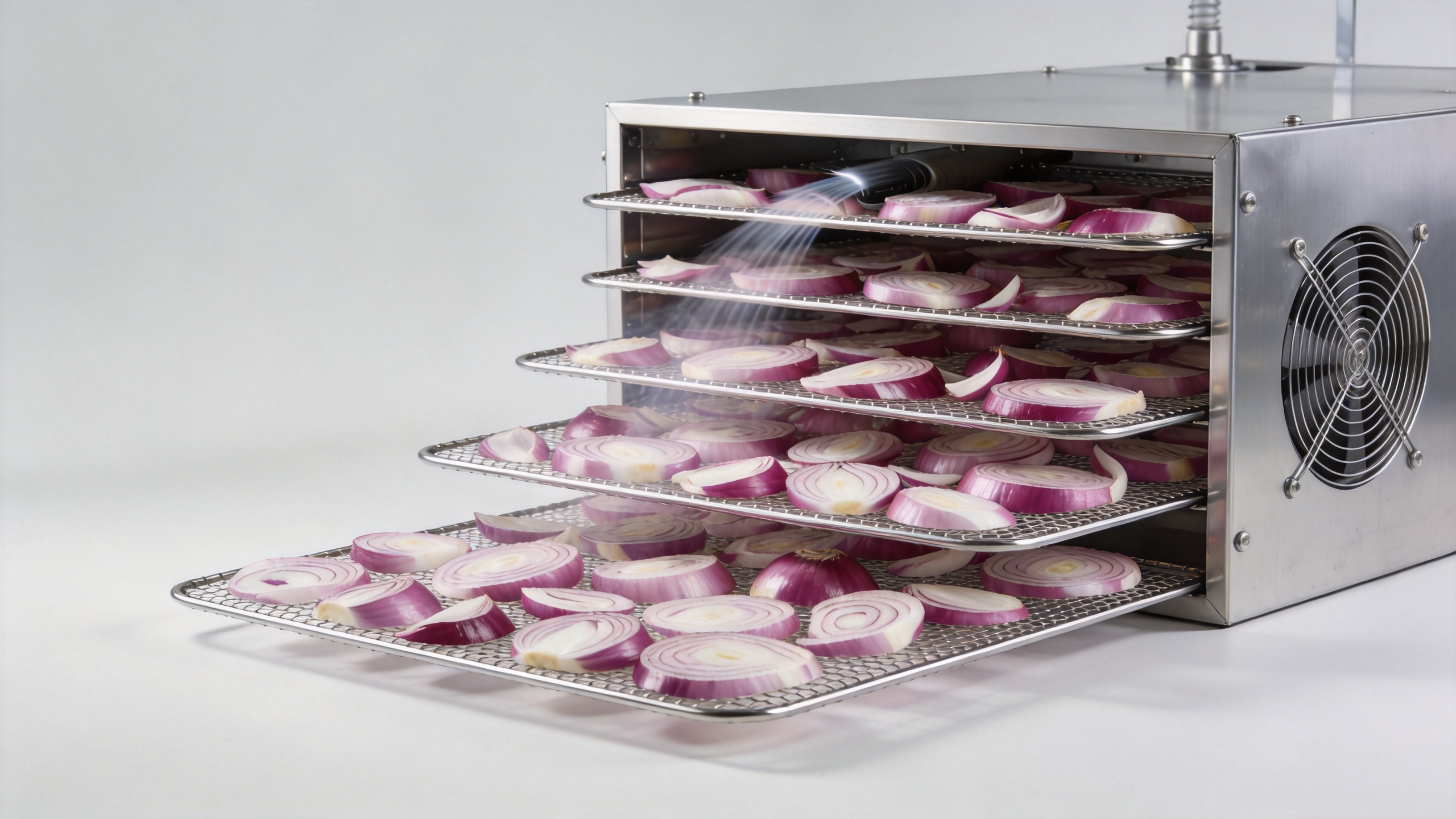 Onion dryer machine with sliced onions and controlled airflow