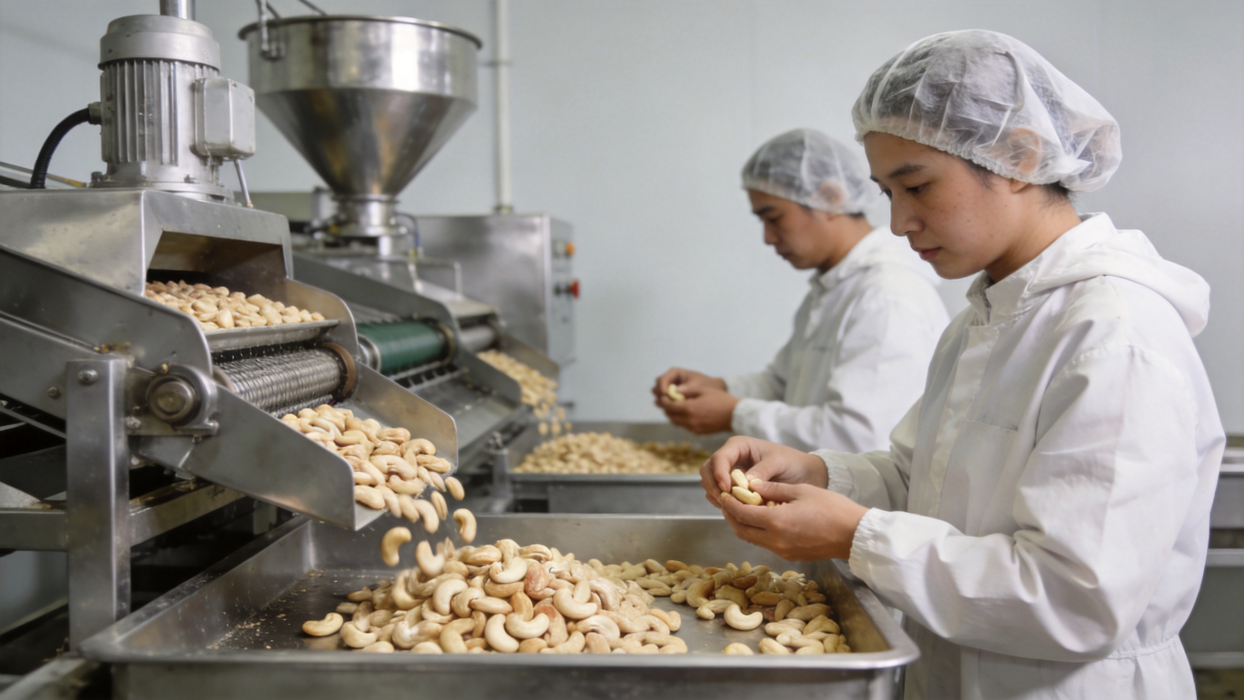 Industrial kaju peeling machine in a clean cashew processing factory