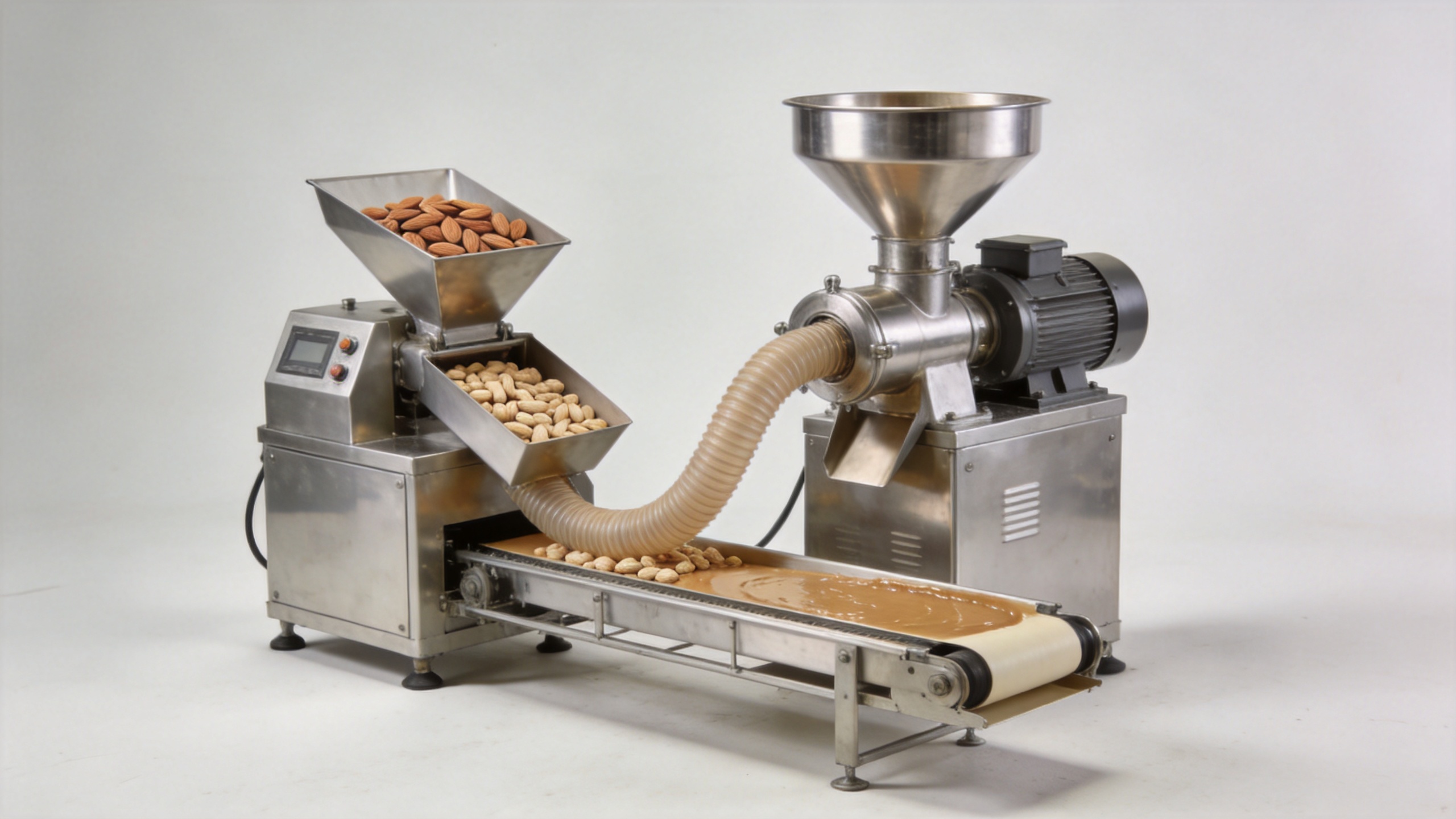 Commercial nut grinder in a flexible nut butter production line