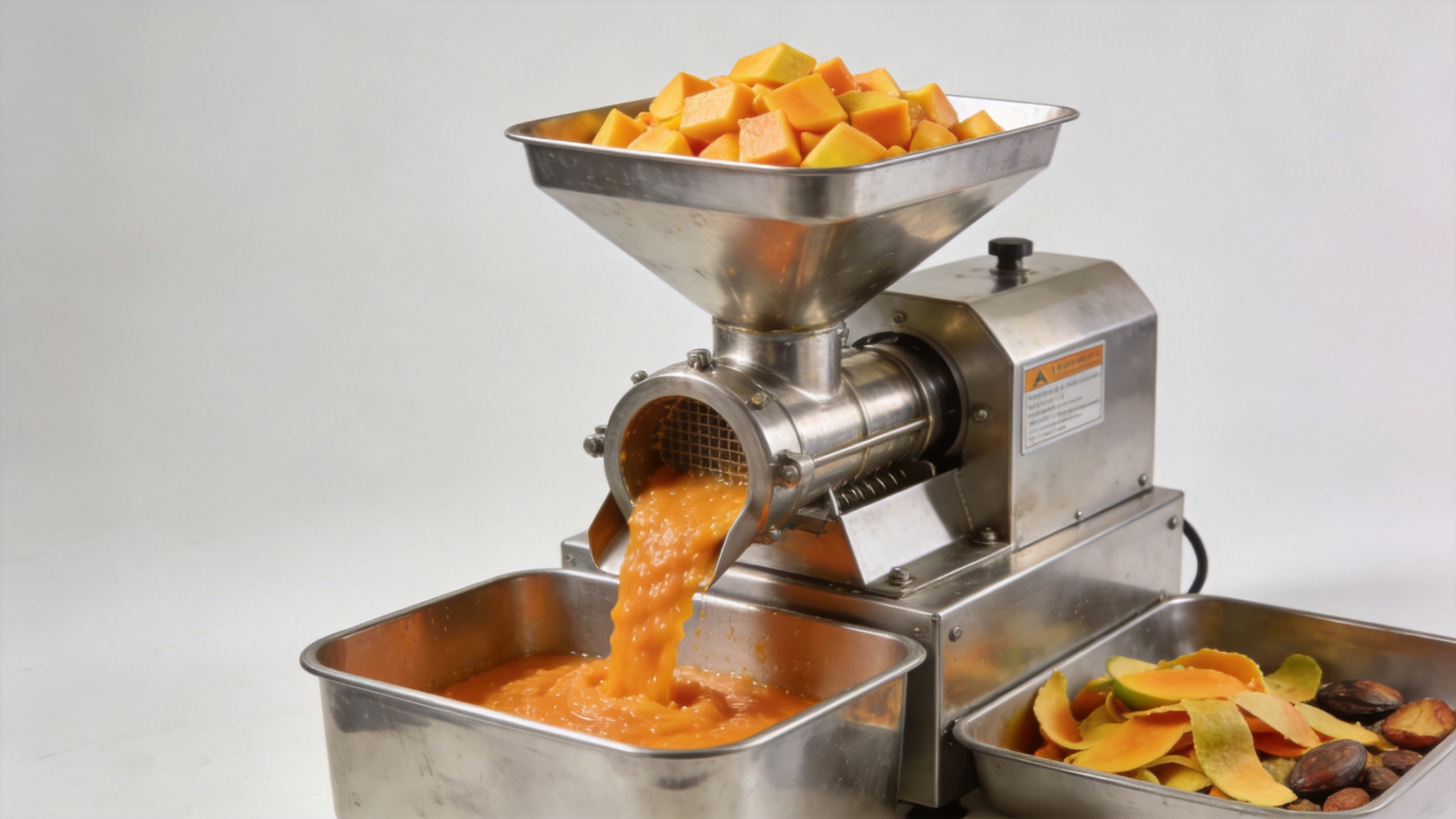 Mango pulper machine separating mango pulp from peel and stones