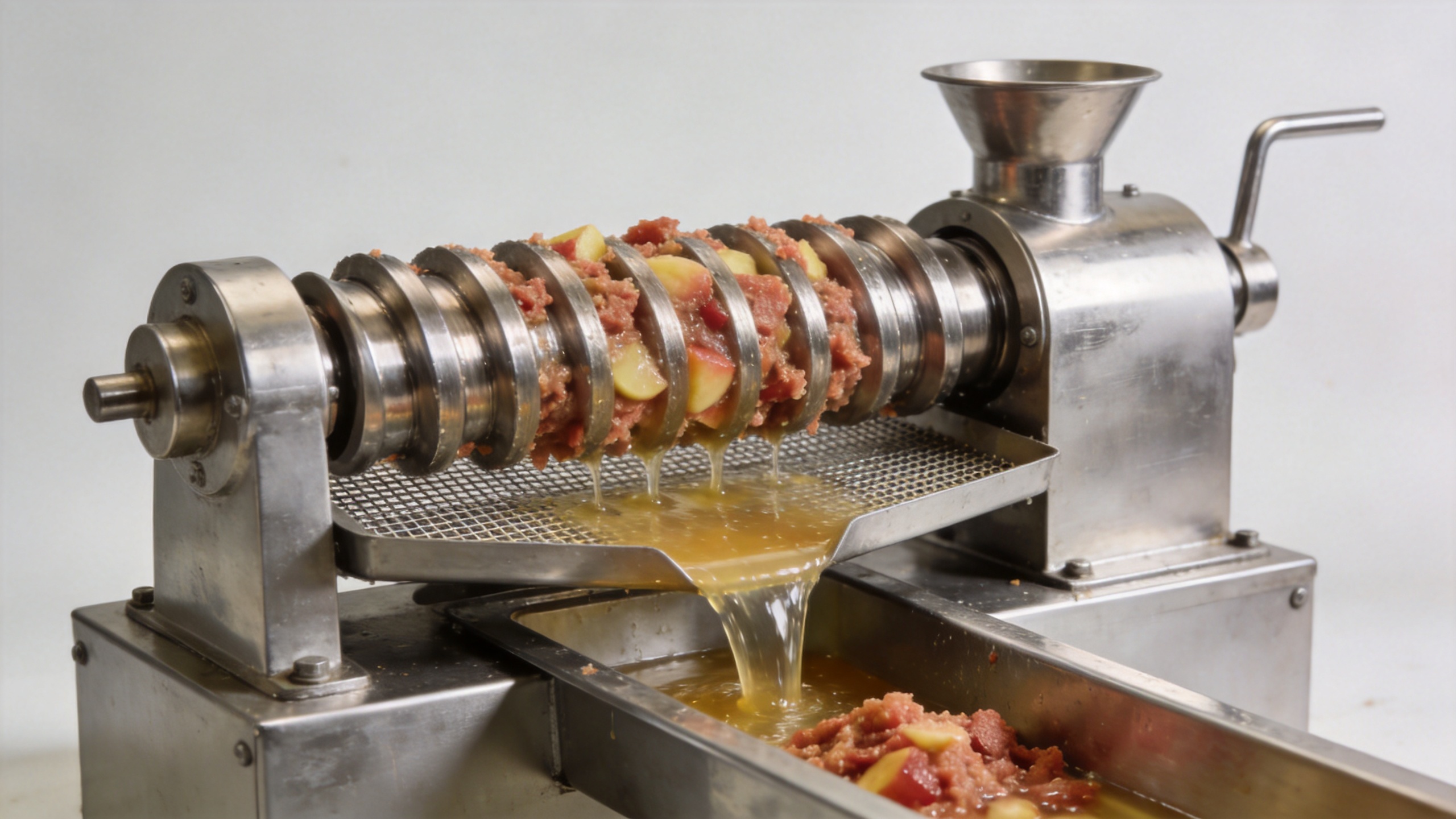 Food-grade juice extraction machine with a screw press separating juice from fruit pulp