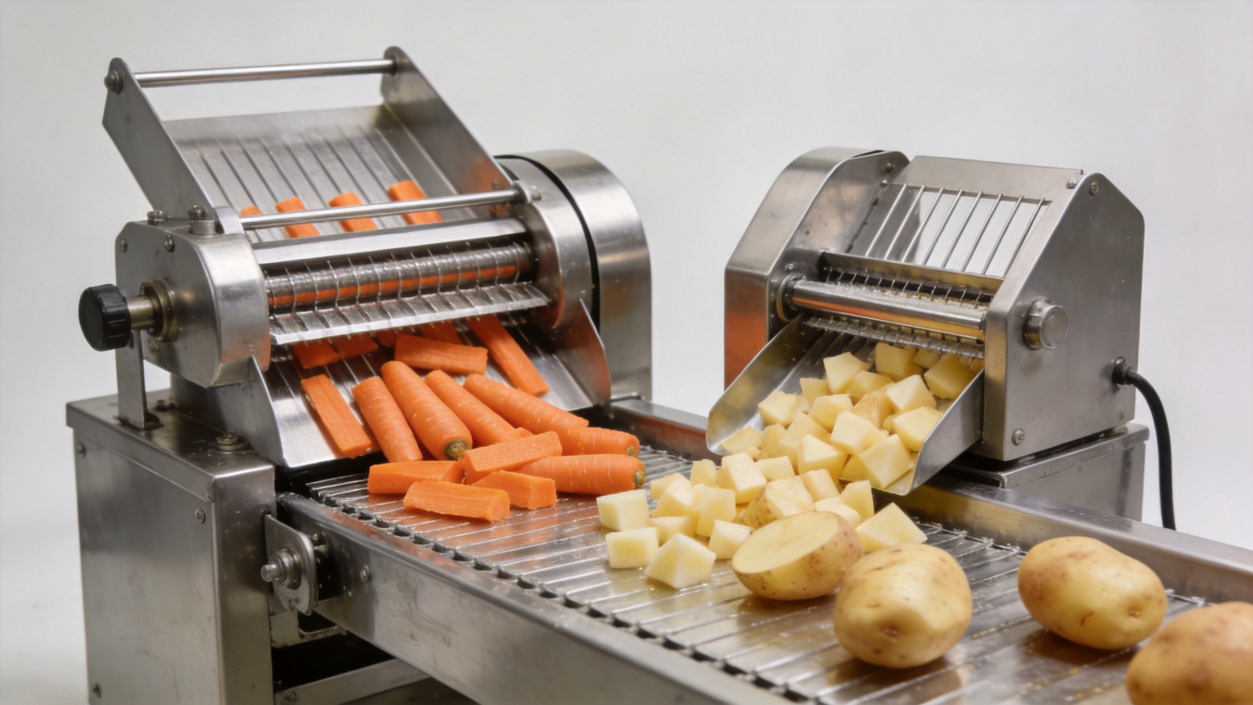 Commercial vegetable slicer and chopper on a hygienic food-processing line
