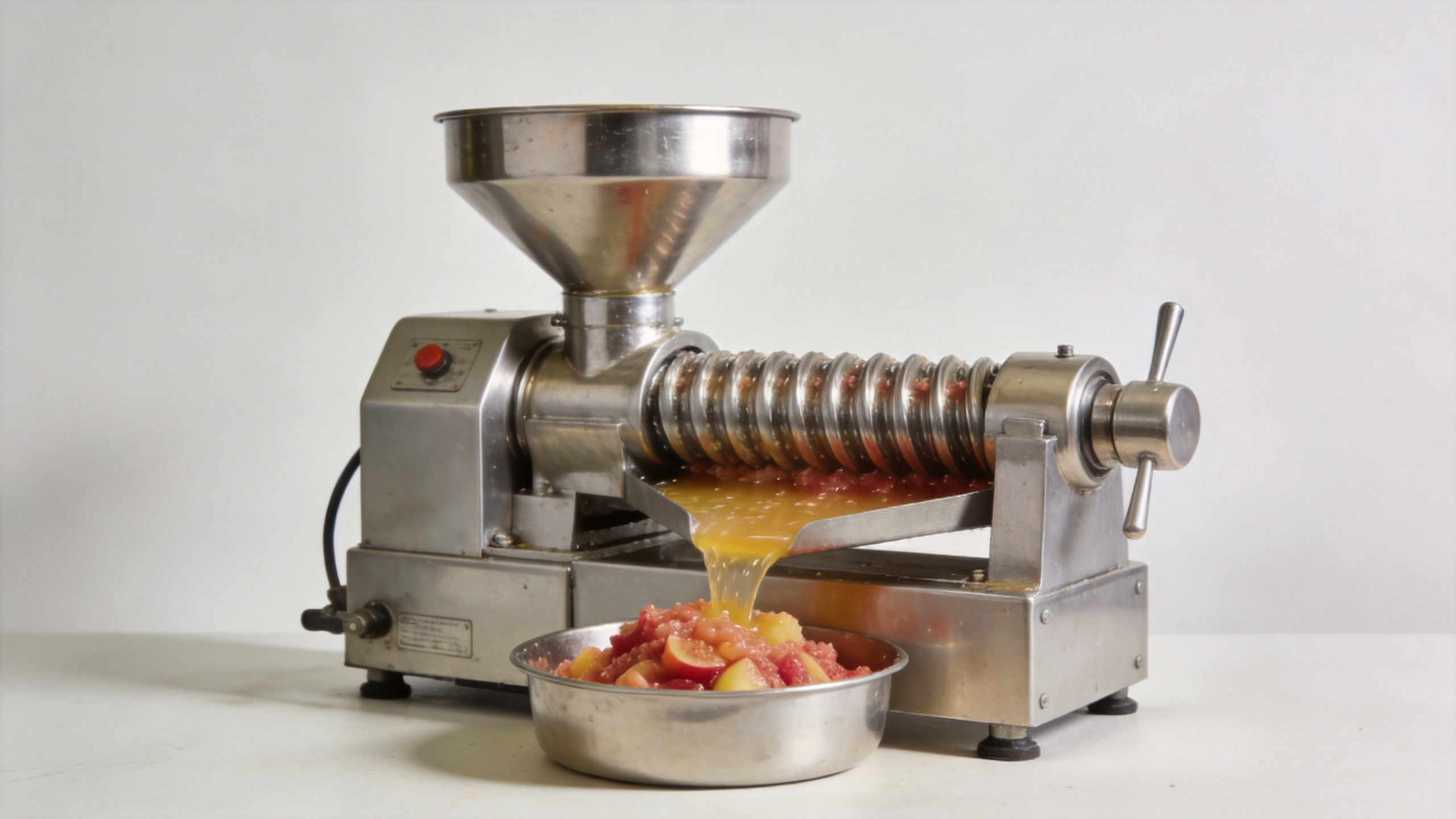 Industrial juicer press extracting juice from fruit mash