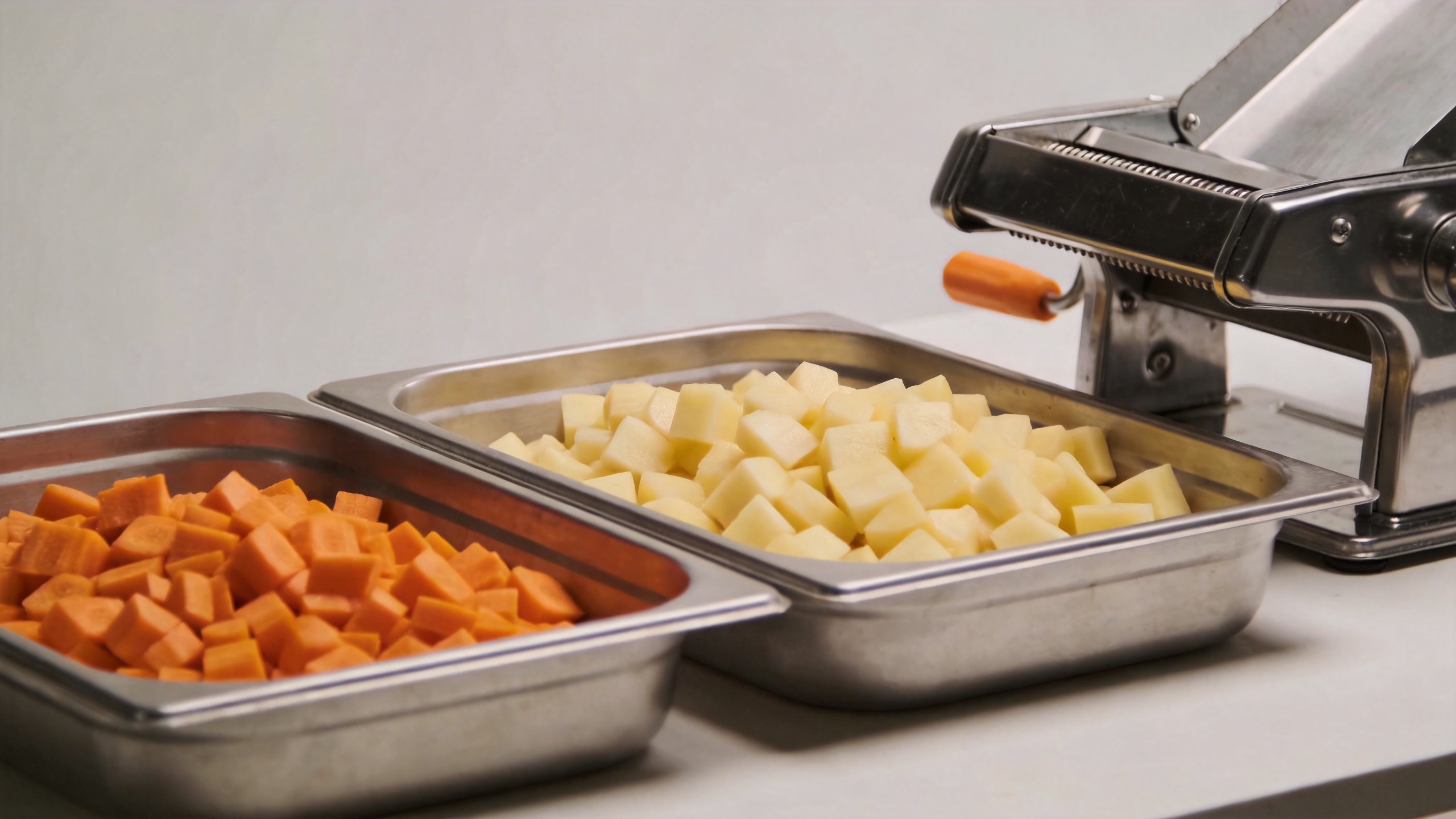 Commercial vegetable dicer machine with evenly diced vegetables