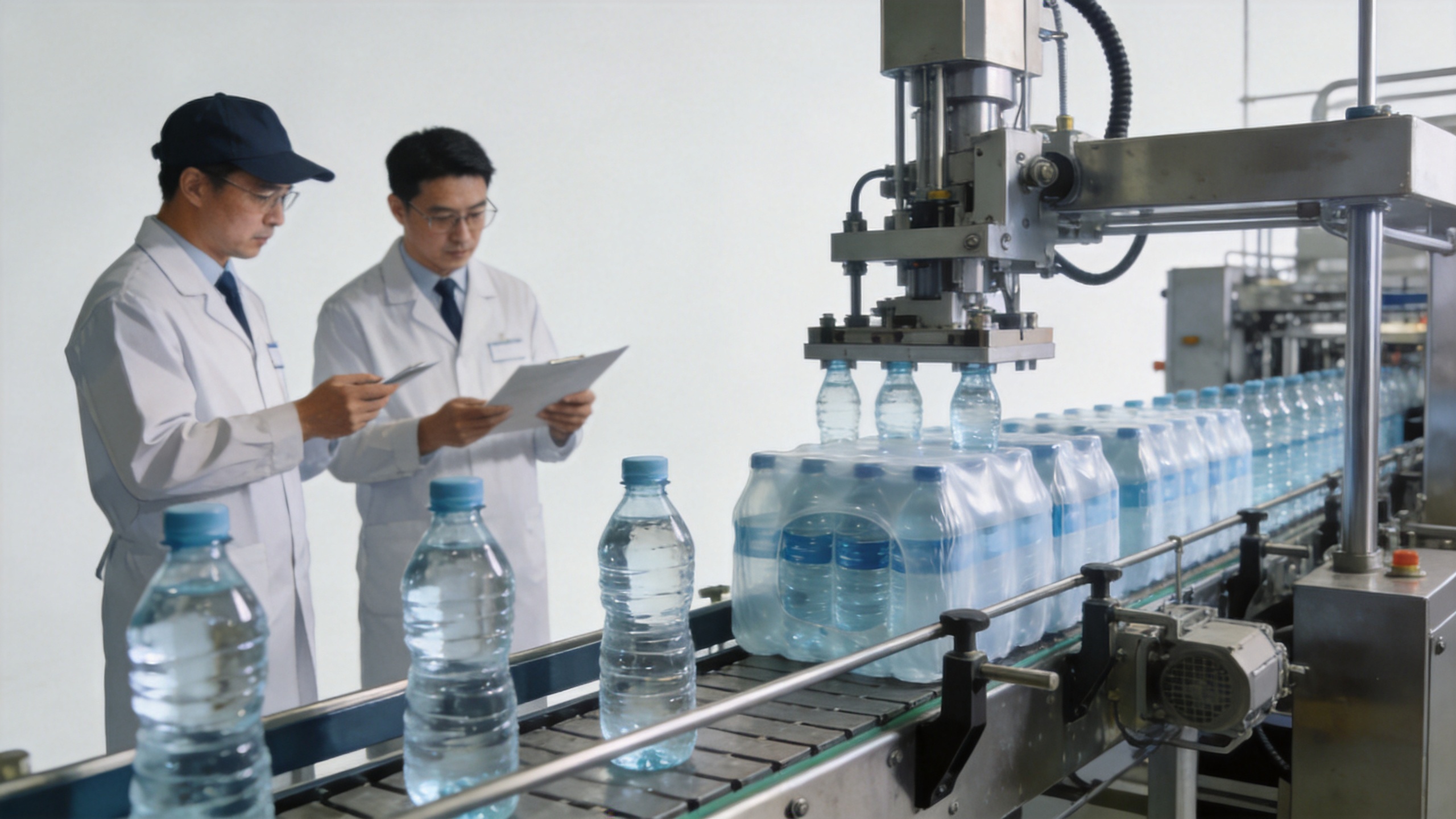 Automatic water packing machine on a bottled-water packaging line