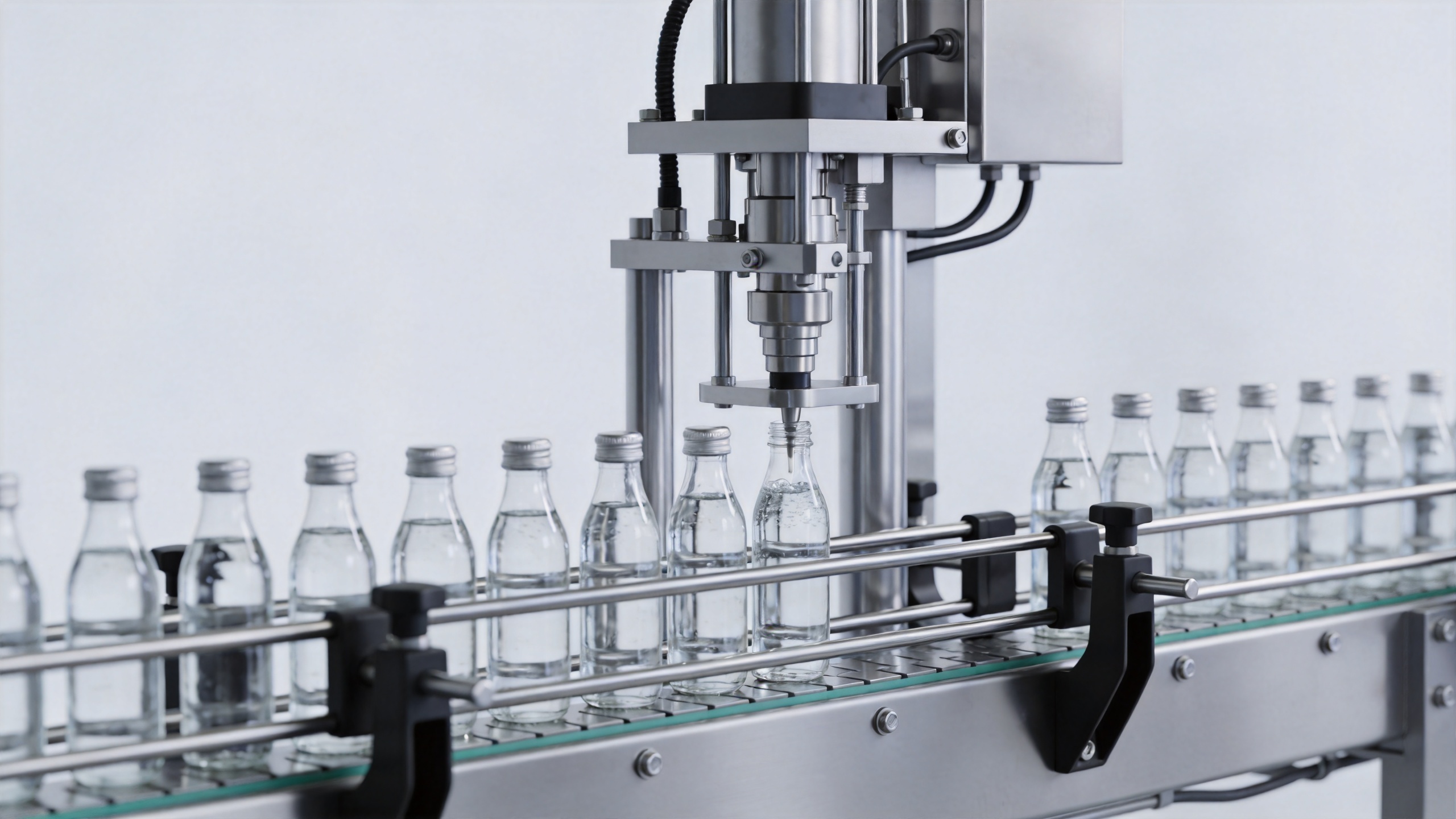 Volumetric liquid filling machine dosing bottles on a packaging line