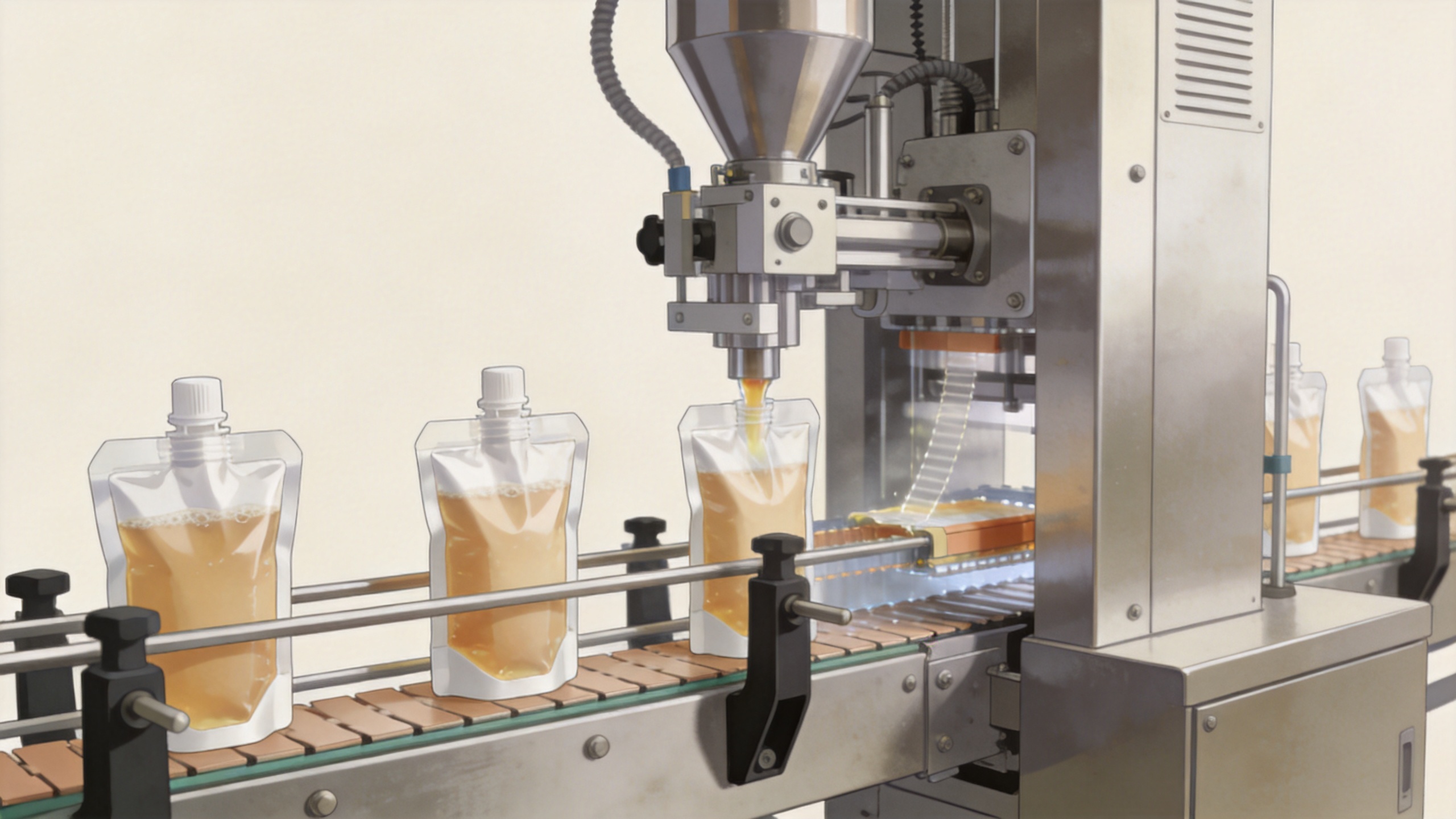 Drink pouch filling machine handling stand-up beverage pouches