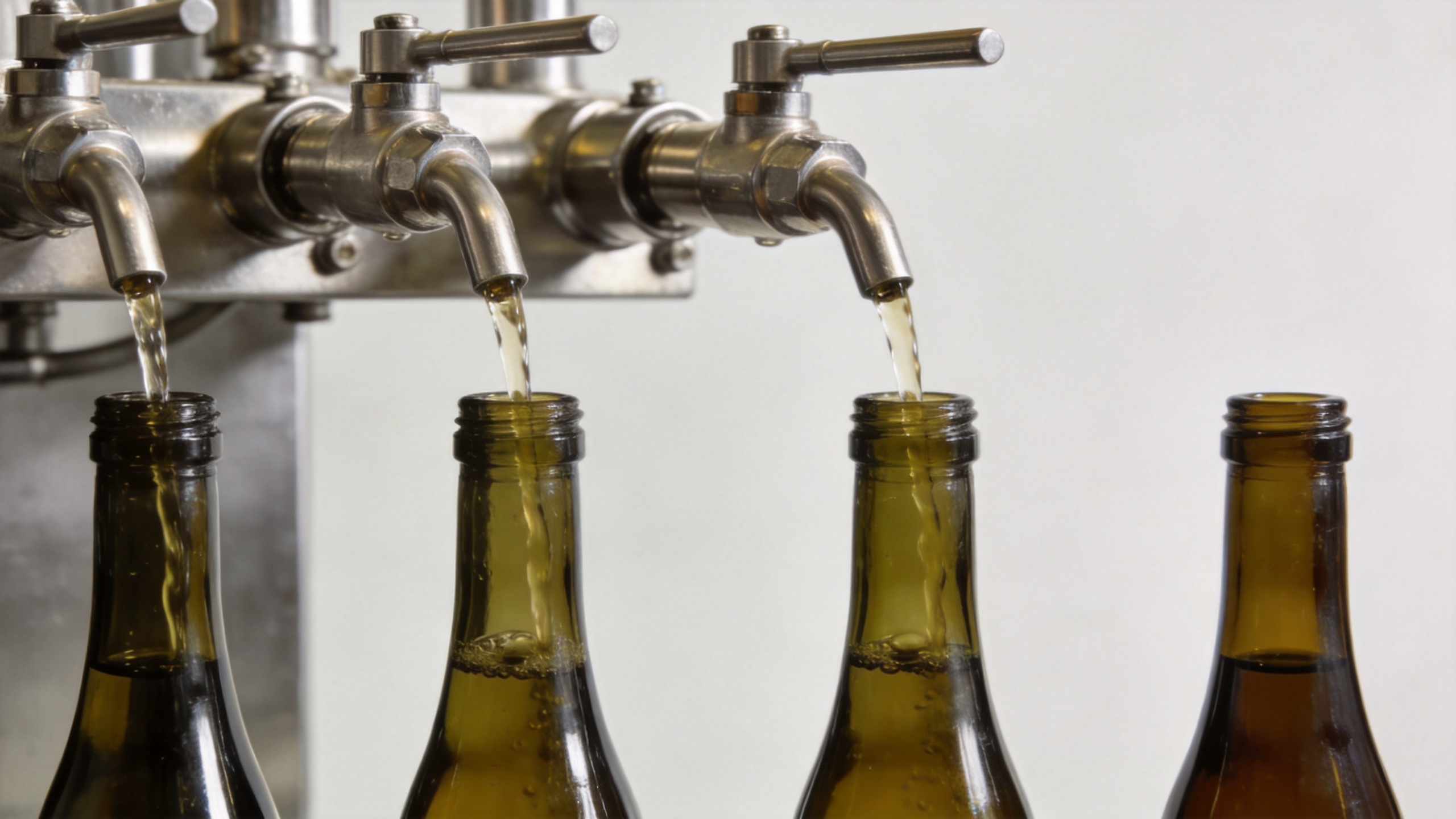 Gravity wine bottle filler with stainless steel valves gently filling glass wine bottles
