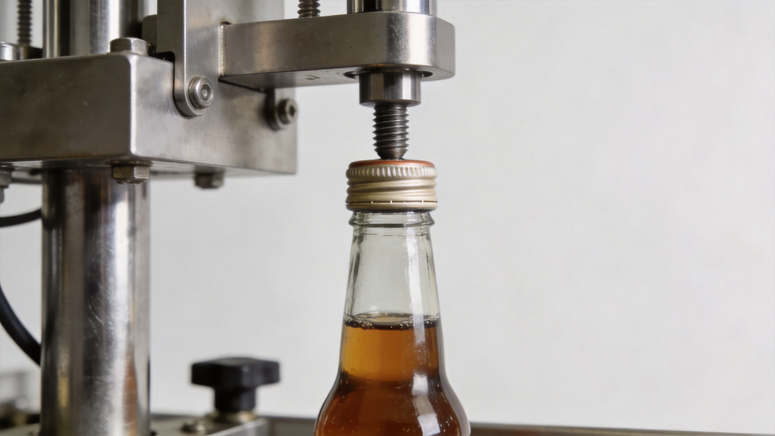 Screw capping machine applying a threaded cap to a bottle