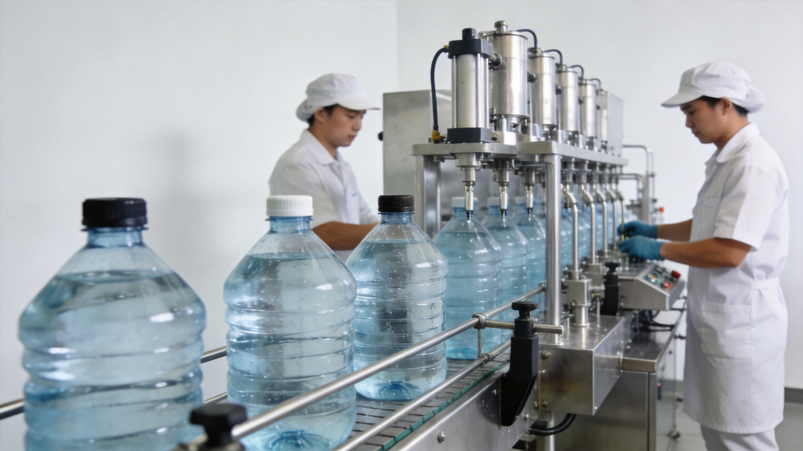5 gallon water filling machine handling returnable water bottles in a commercial bottling line