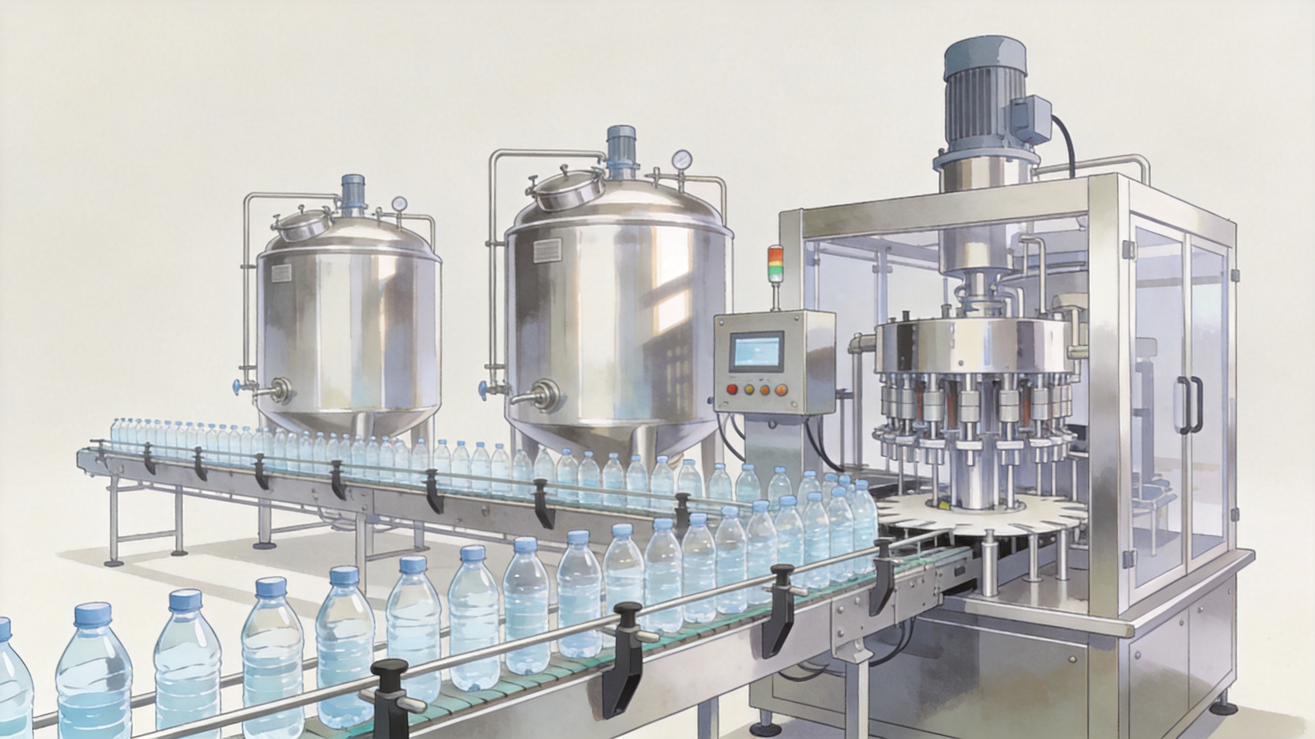 Water bottling plant equipment including treatment, filling, capping, and conveyor systems