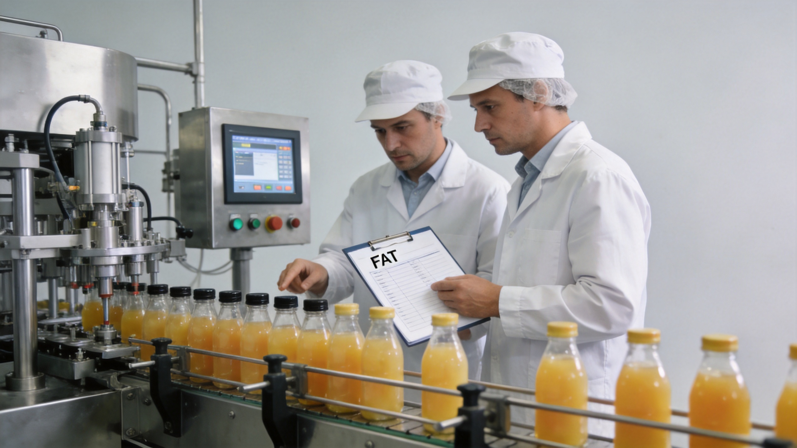 Engineers reviewing a juice filling line factory acceptance test