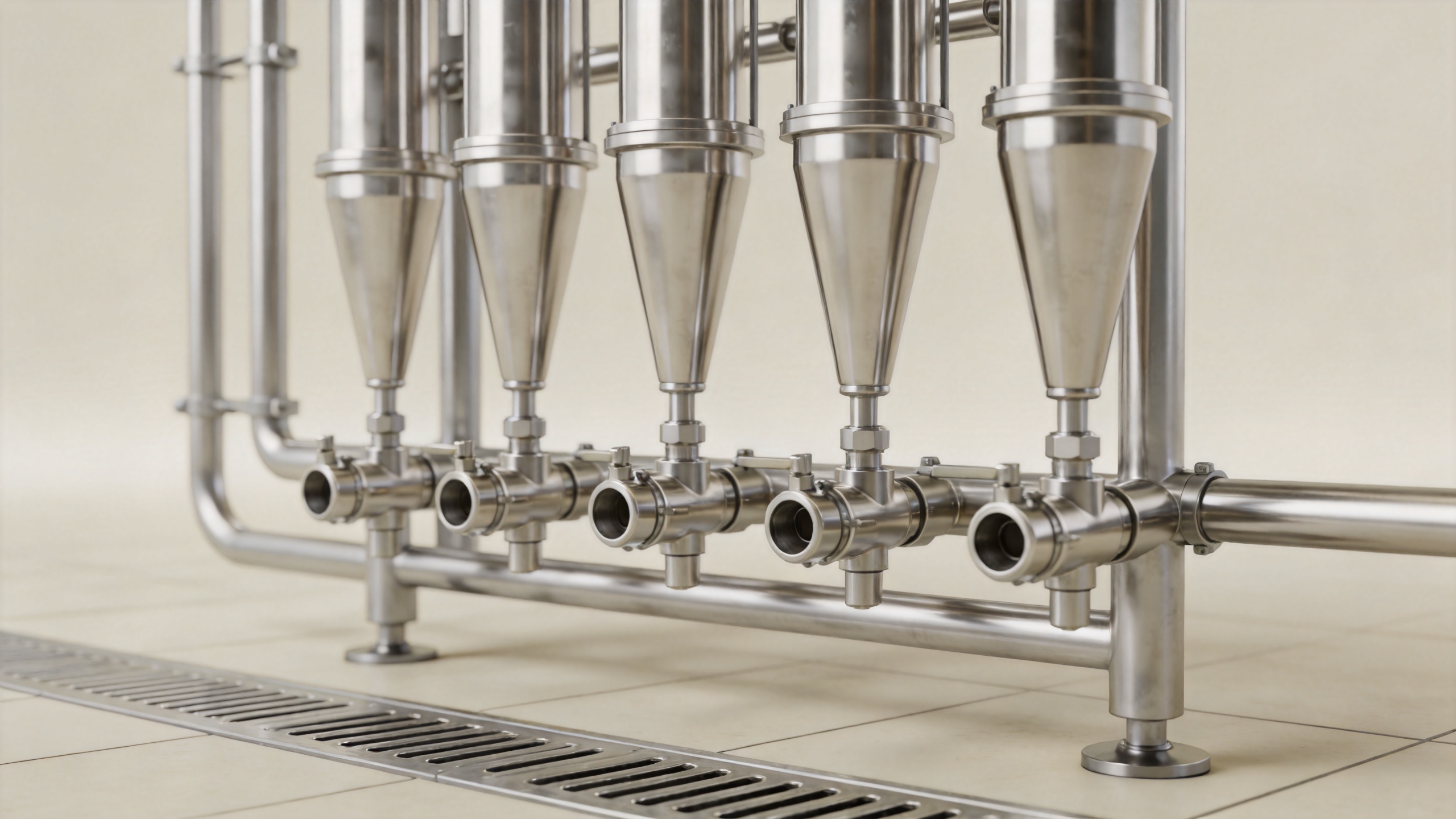Hygienic stainless steel liquid filling nozzles and sanitary piping