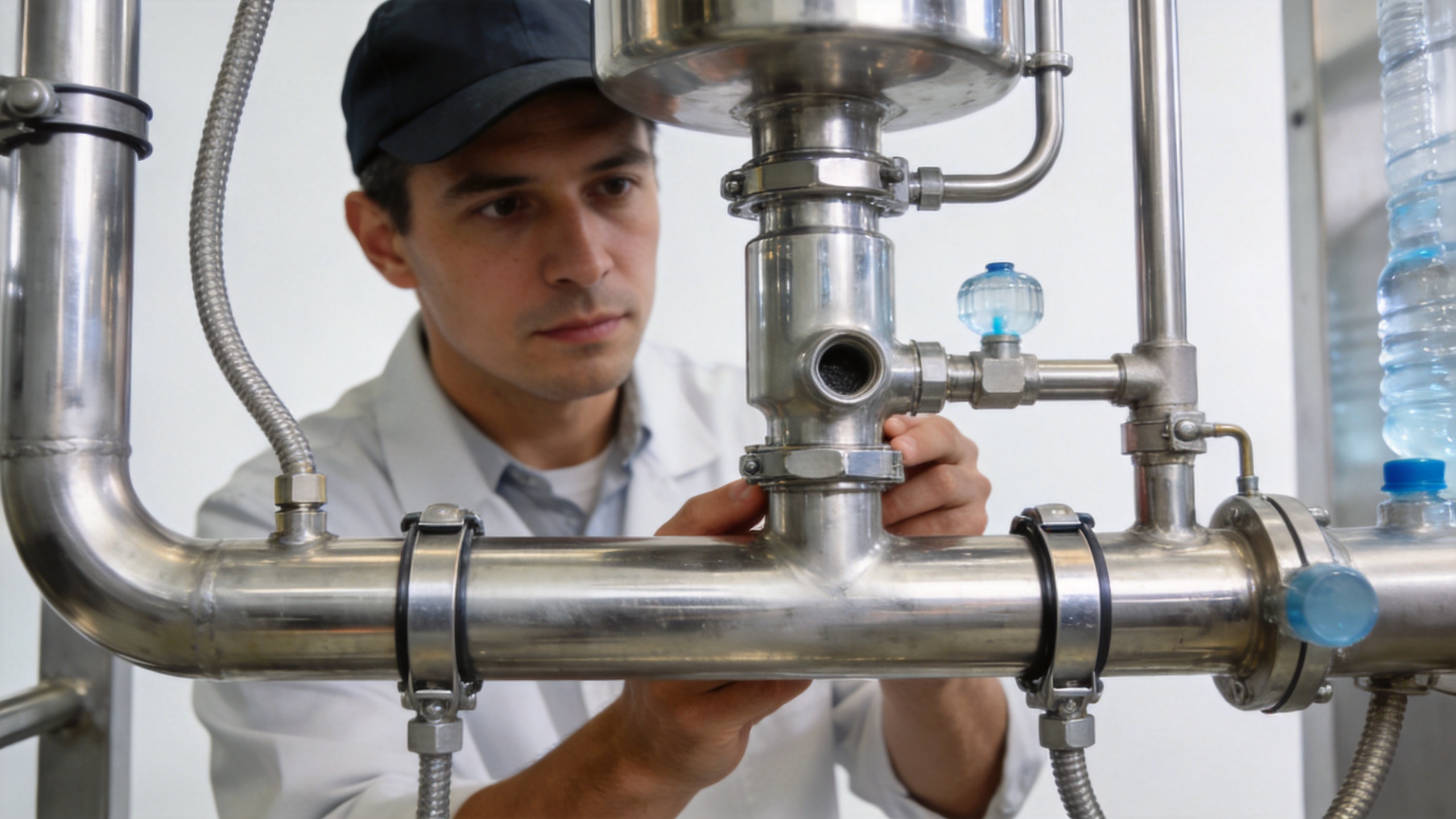 Inspection of sanitary piping in water bottle filling equipment