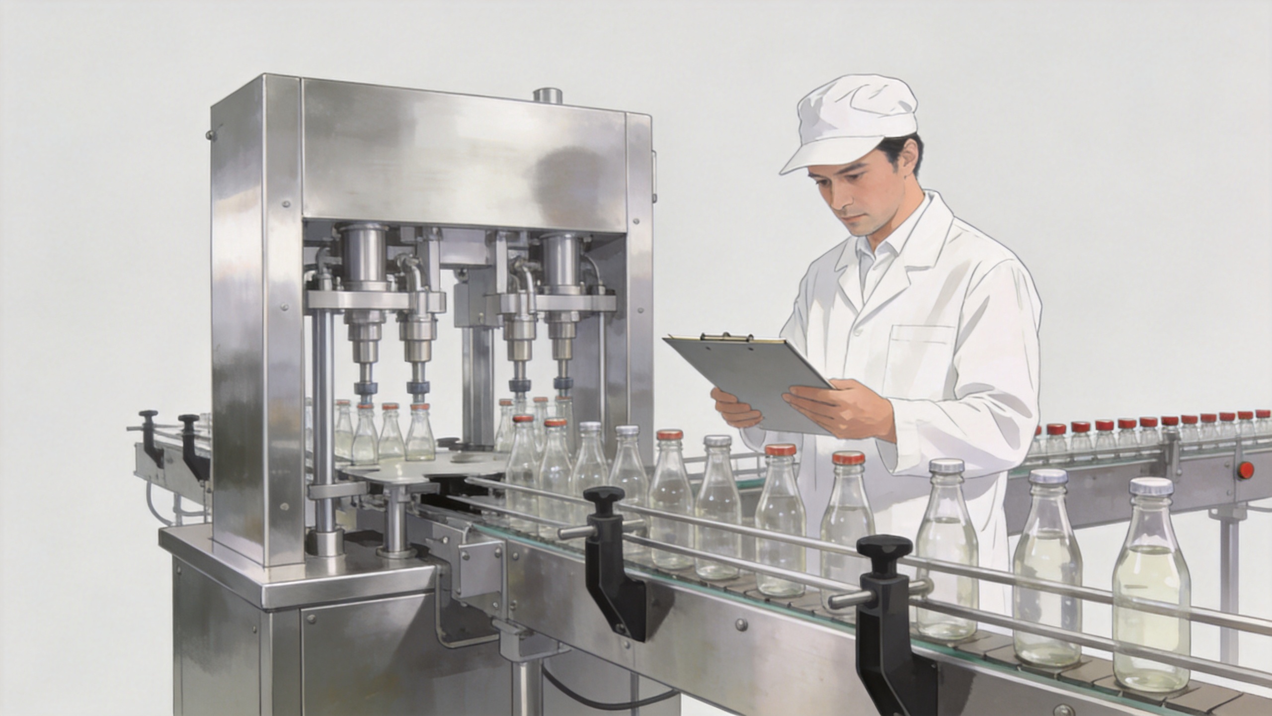 Operator checking a mineral water bottling machine during a quality control shift