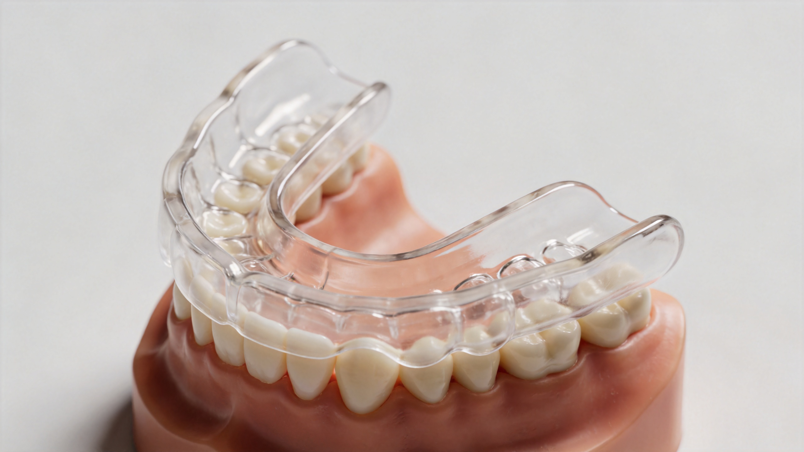 Custom-fitted rubber mouth guard seated on a dental model